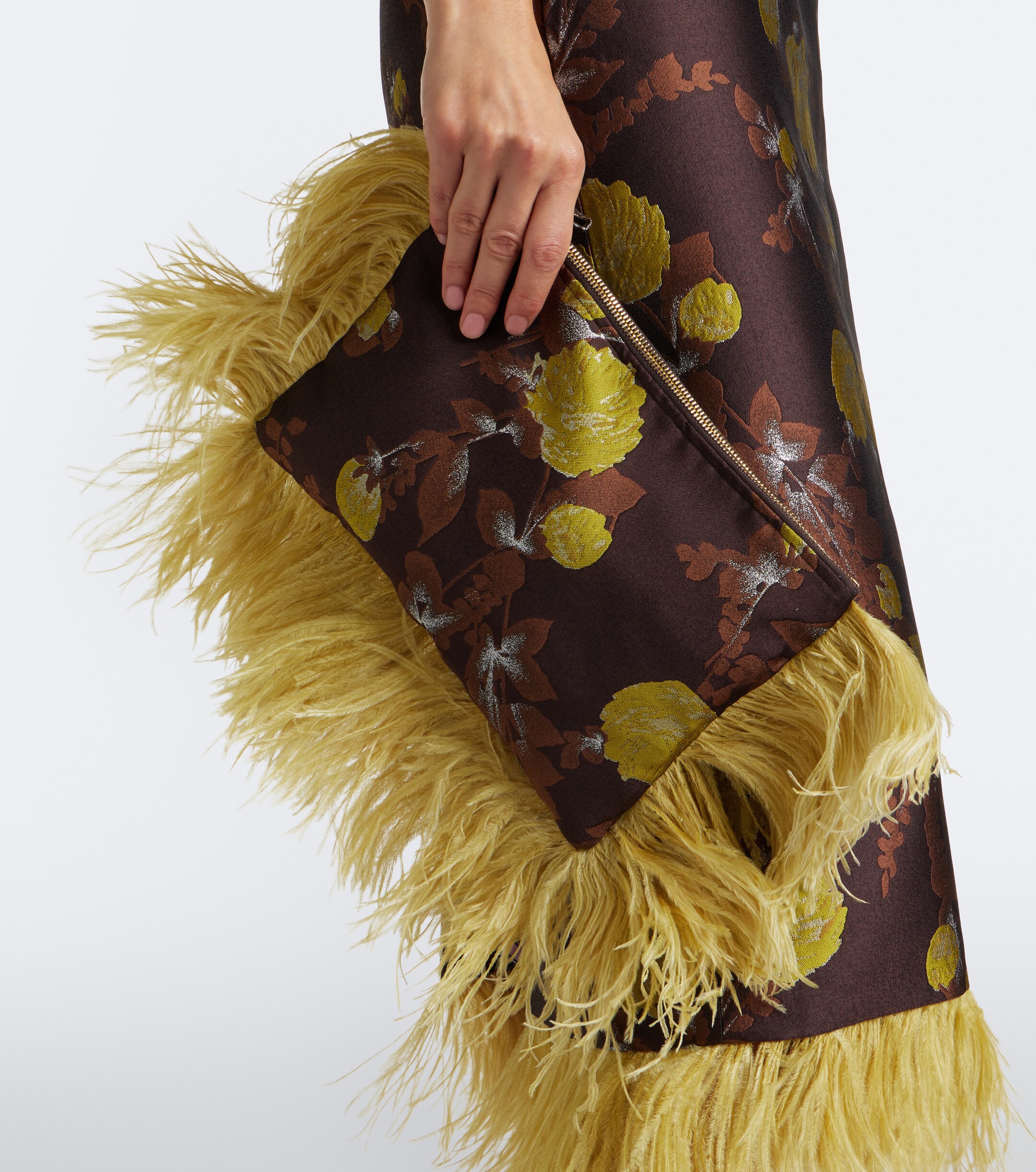 La DoubleJ La DoubleJ Devon feather-trimmed jacquard clutch