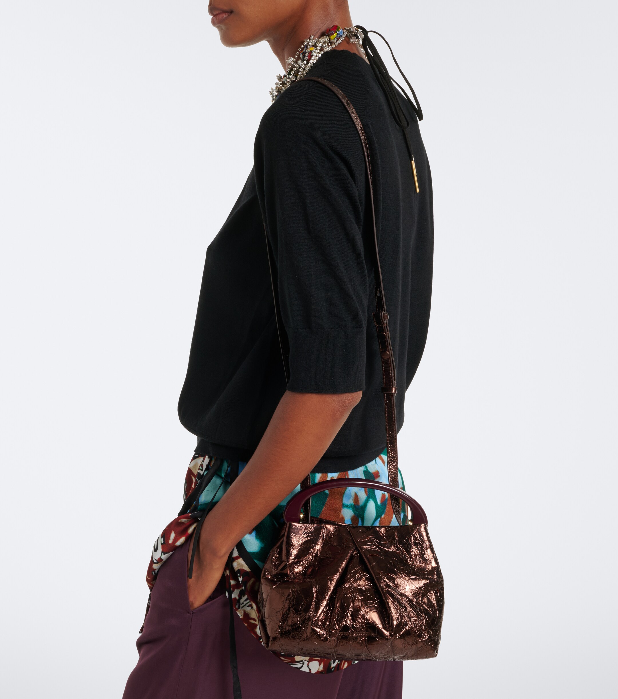 Dries Van Noten Mini metallic leather top-handle bag