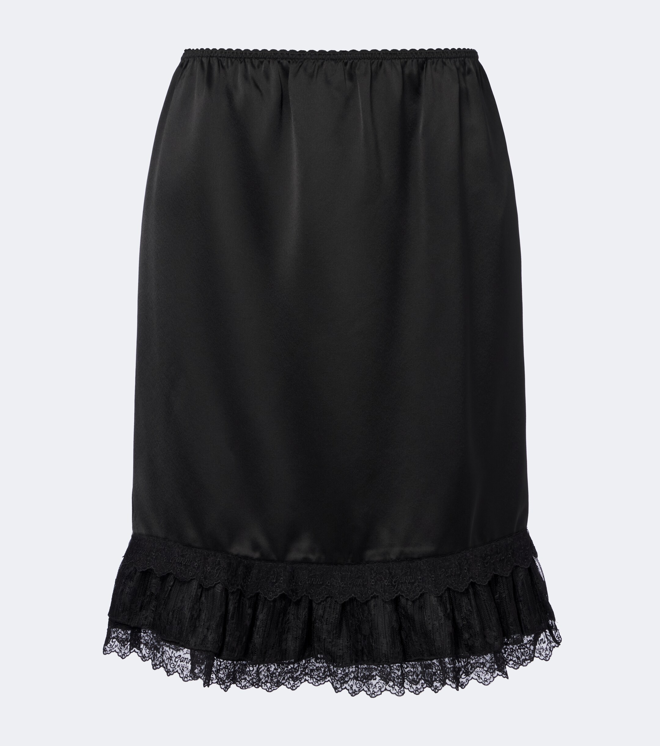 GANNI Ganni Lace-trimmed ruffled satin midi skirt