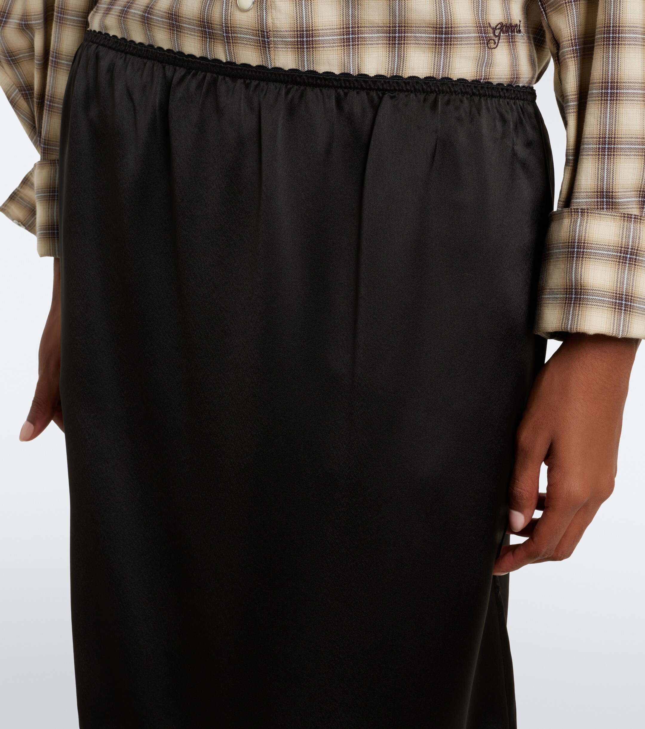 GANNI Ganni Lace-trimmed ruffled satin midi skirt