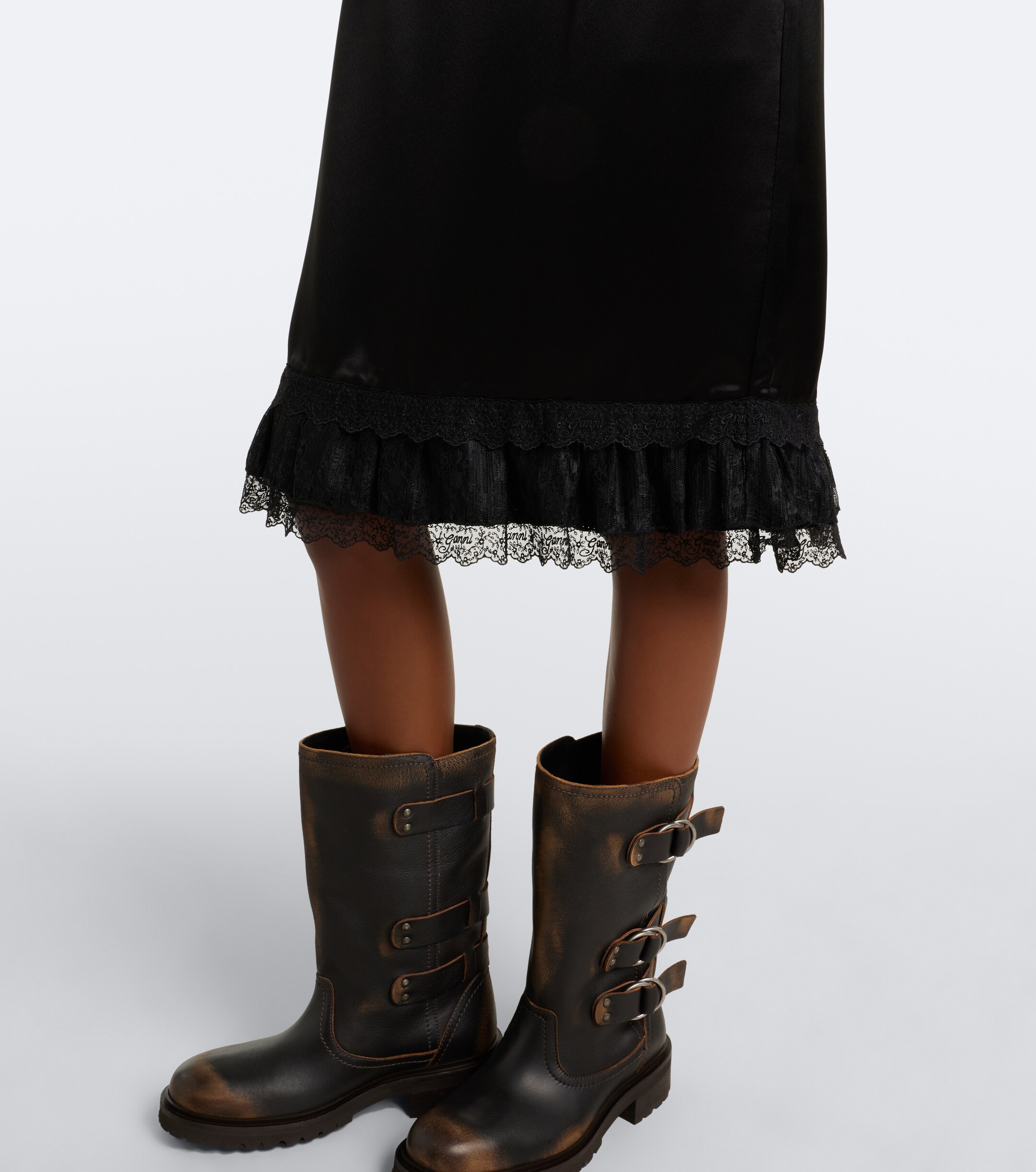GANNI Ganni Lace-trimmed ruffled satin midi skirt