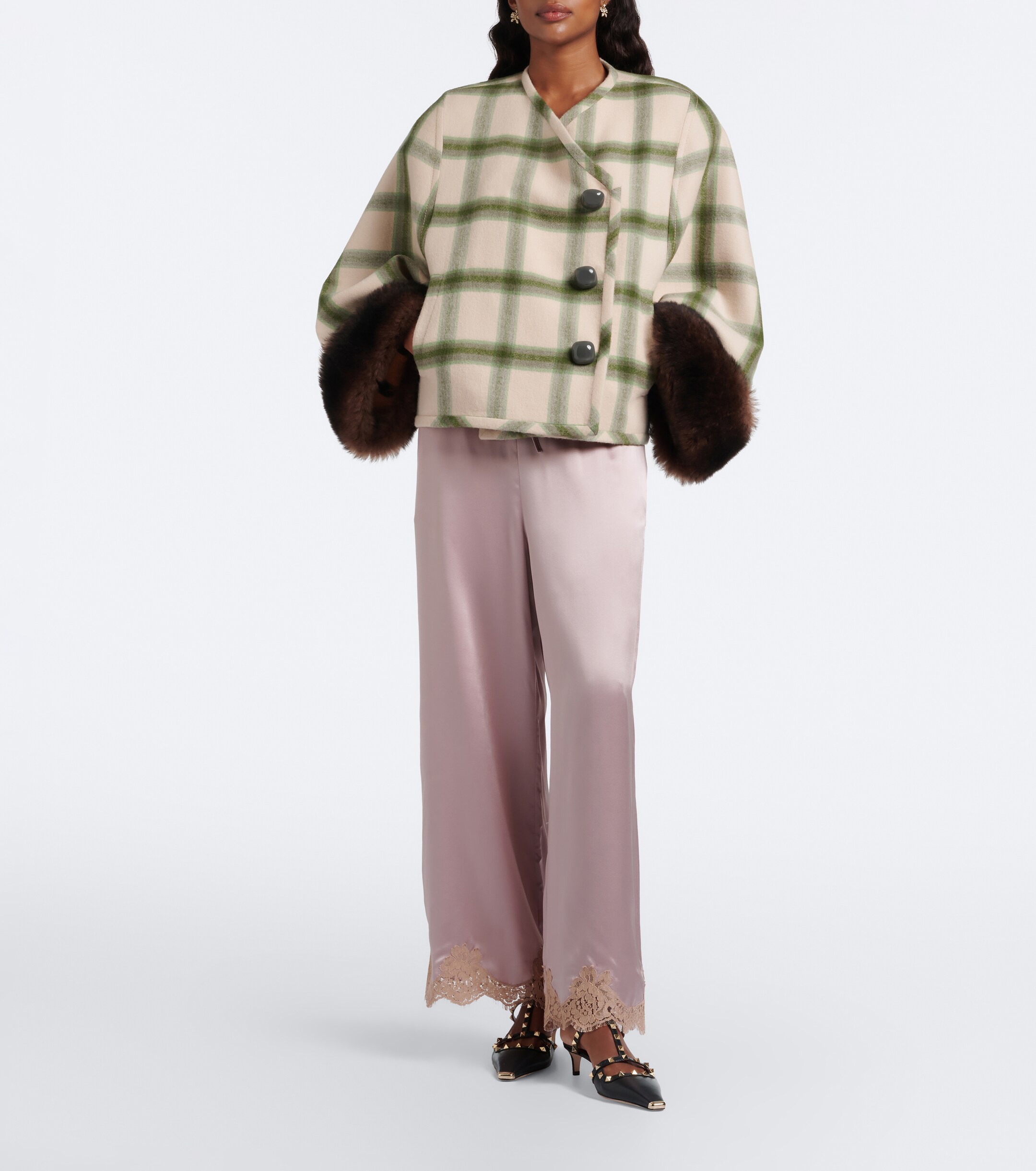 Valentino Garavani Valentino Garavani Plaid shearling-trimmed virgin wool jacket