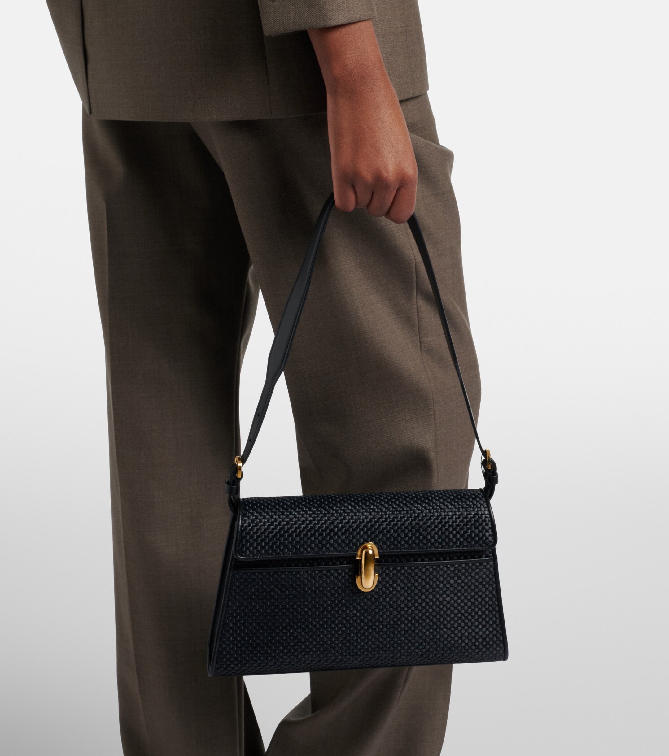Savette Symmetry leather-trimmed raffia shoulder bag thumbnail
