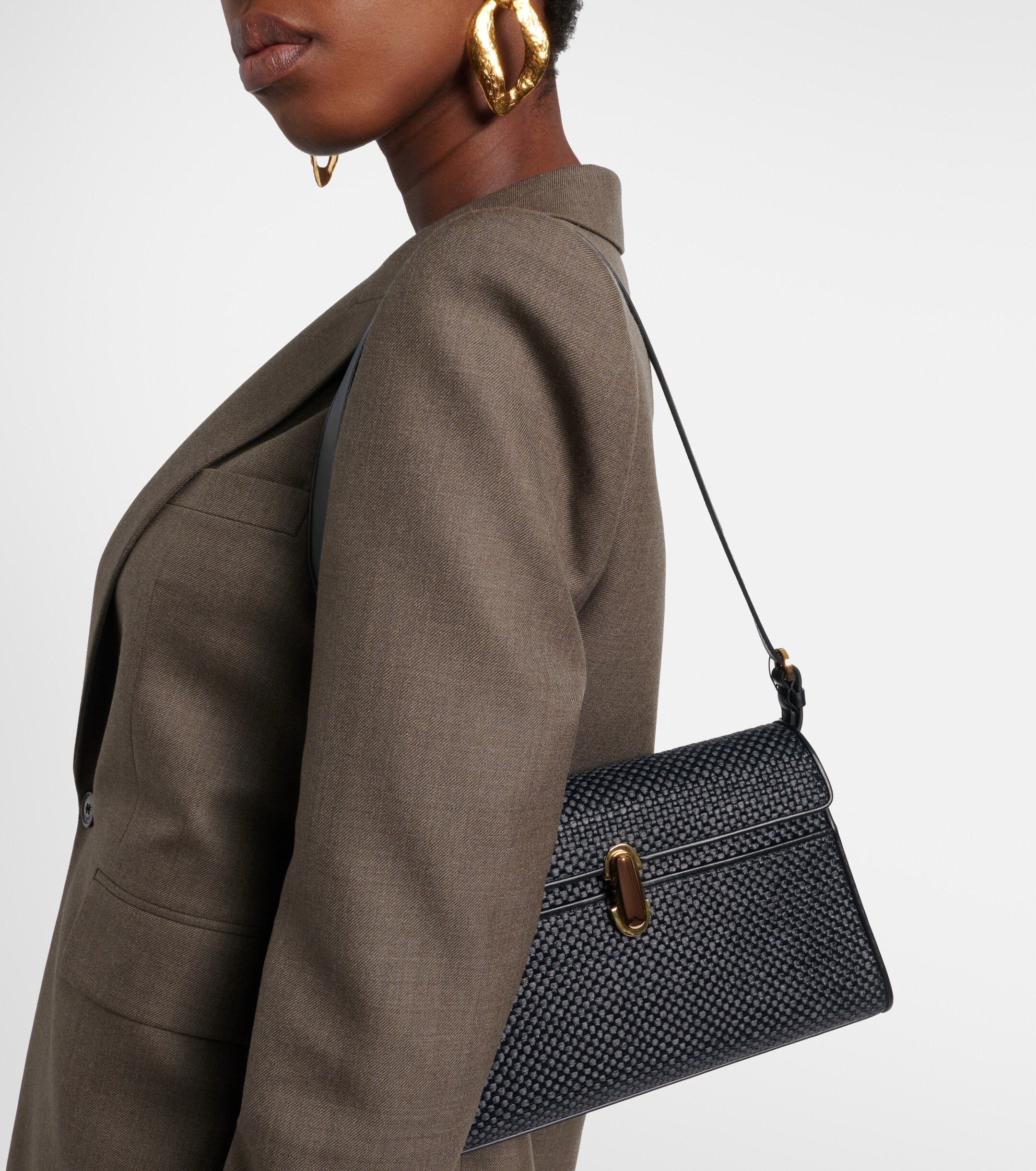 Savette Symmetry leather-trimmed raffia shoulder bag thumbnail