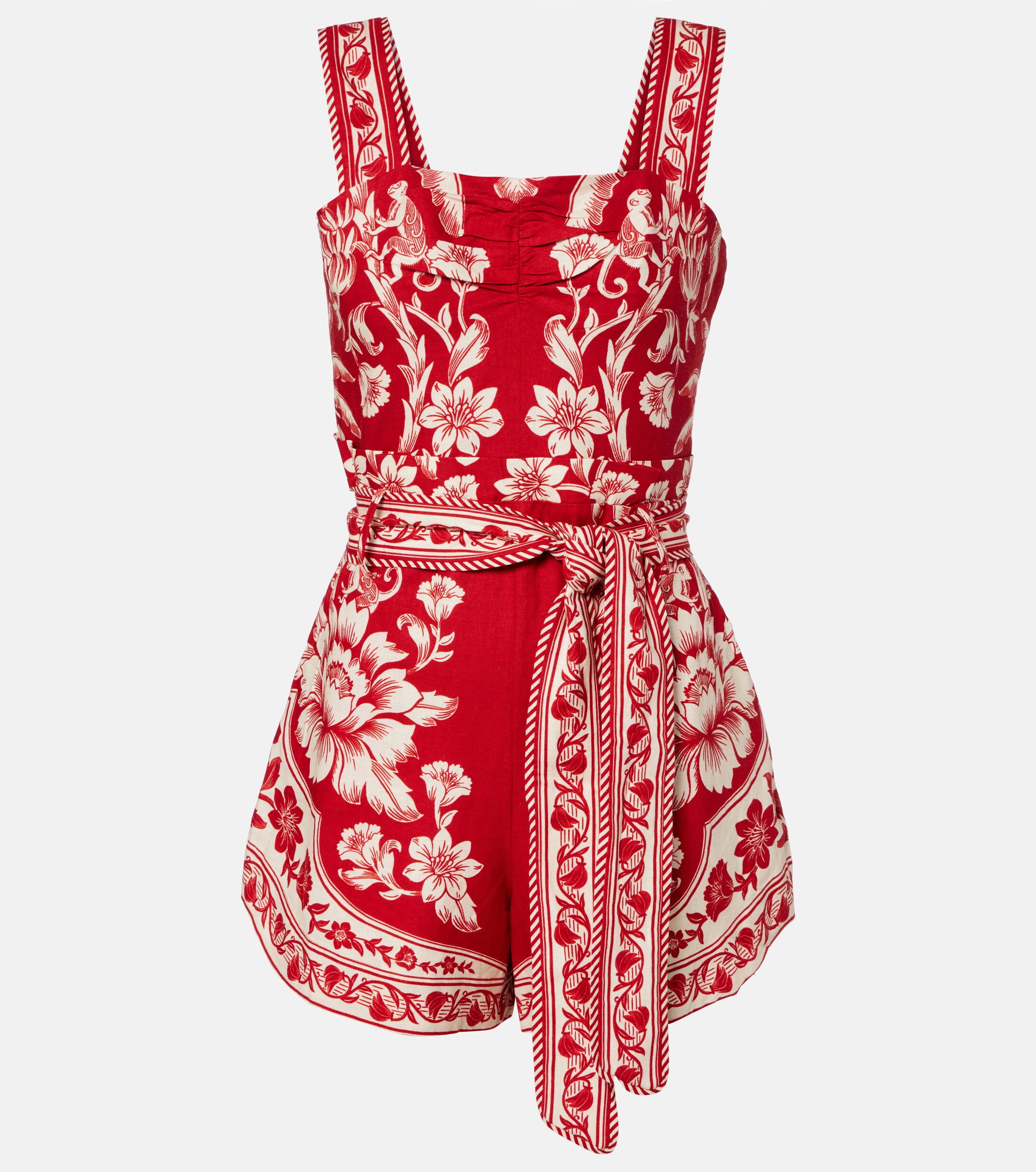 FARM Rio Guanacaste Red belted linen-blend romper