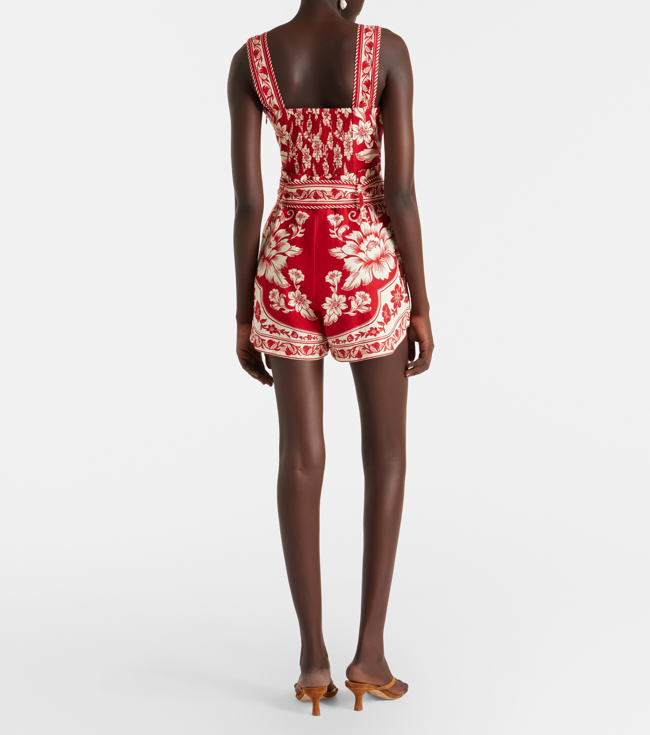 FARM Rio Guanacaste Red belted linen-blend romper