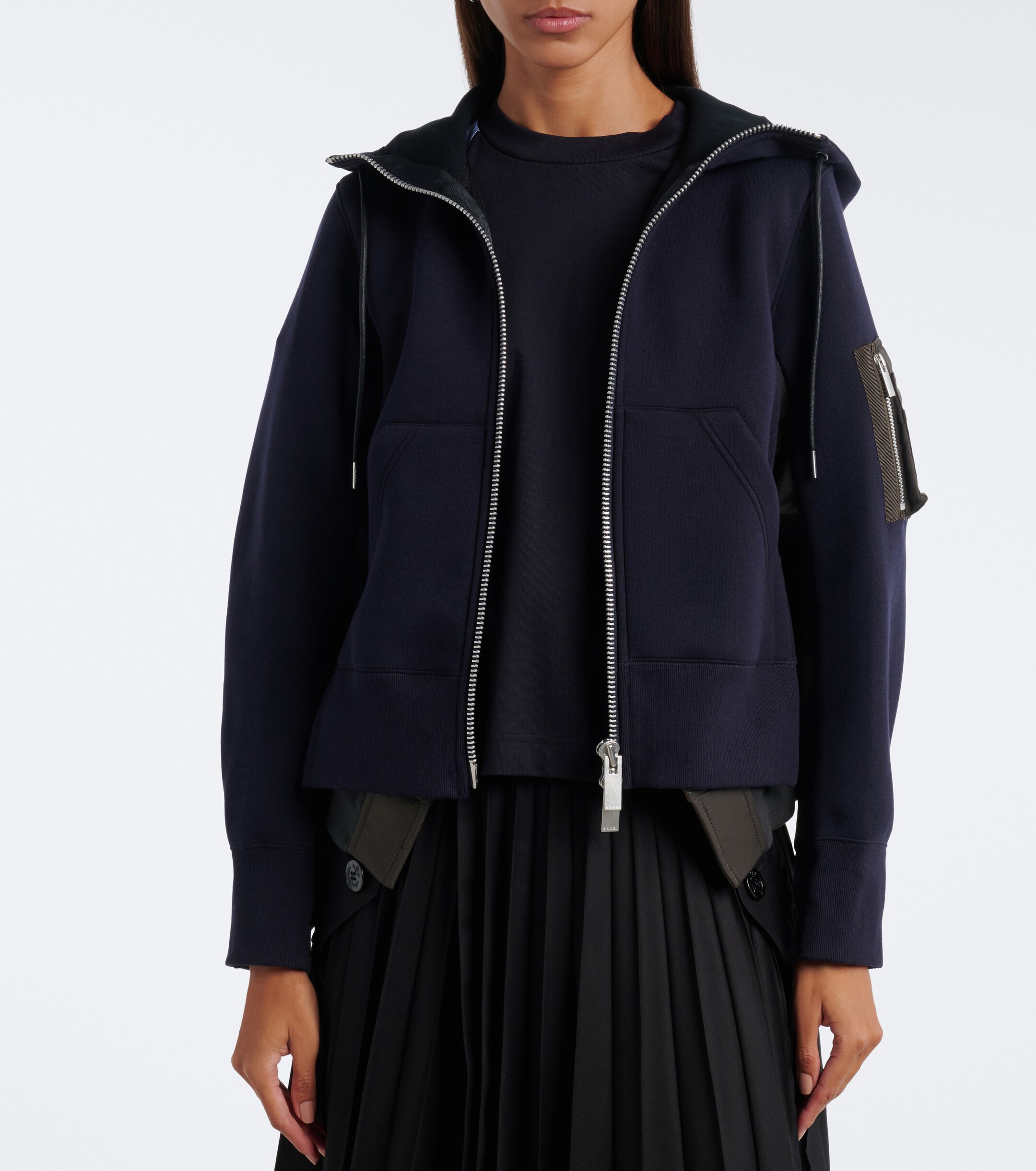 Sacai Sacai Paneled cotton-blend zip-up hoodie
