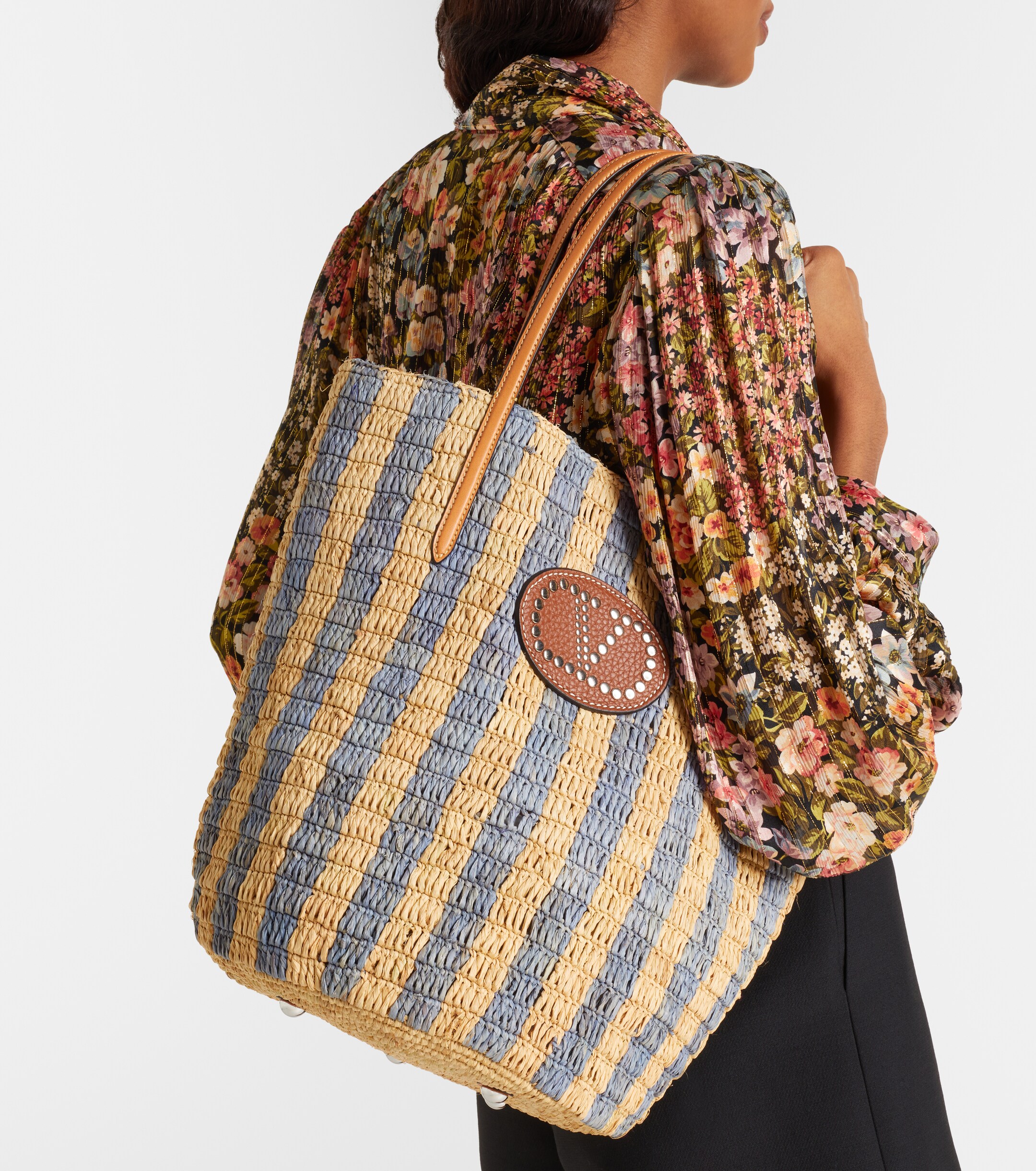 Valentino Garavani VLogo striped raffia tote bag thumbnail