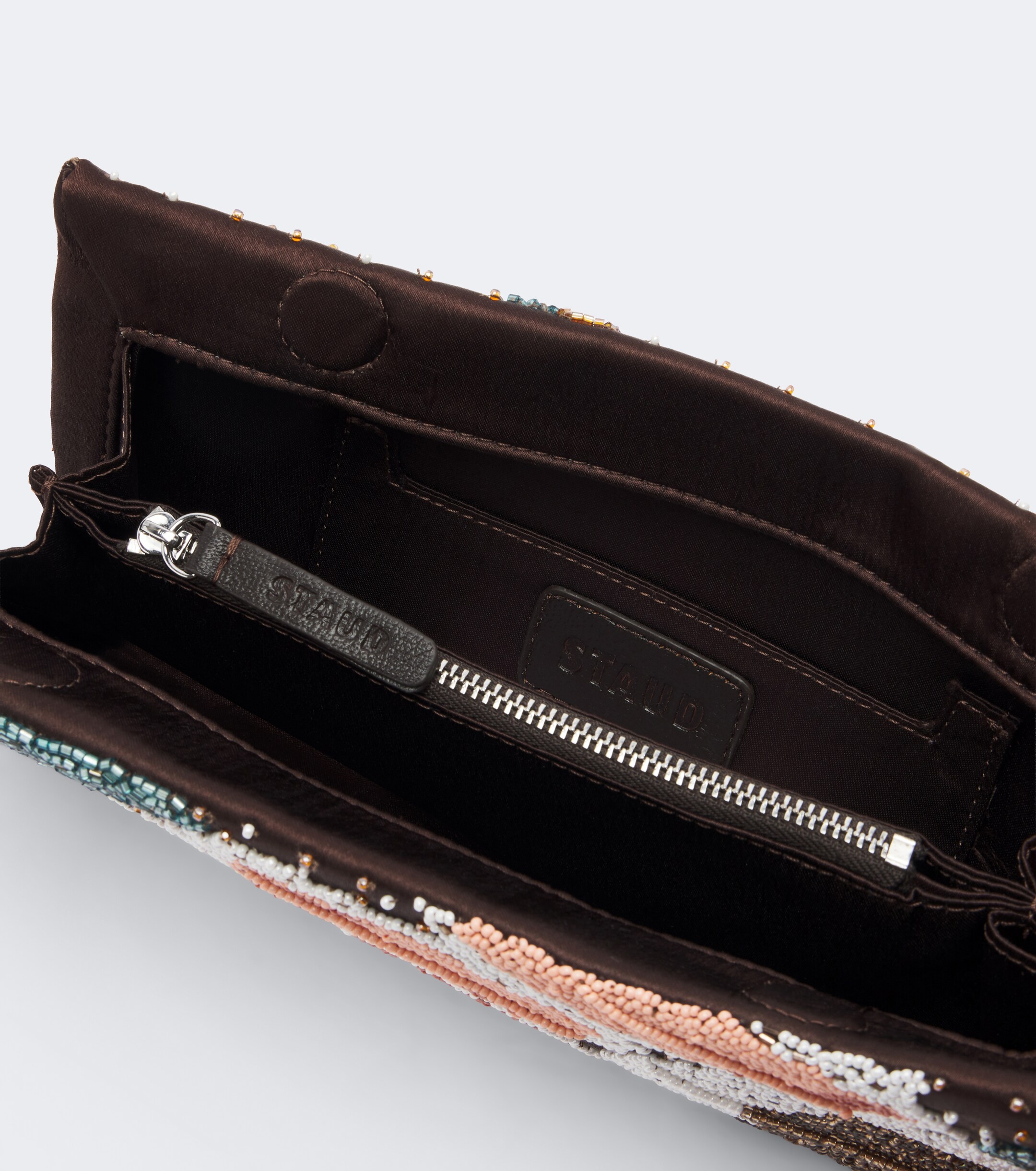 Staud Muse Small beaded satin clutch
