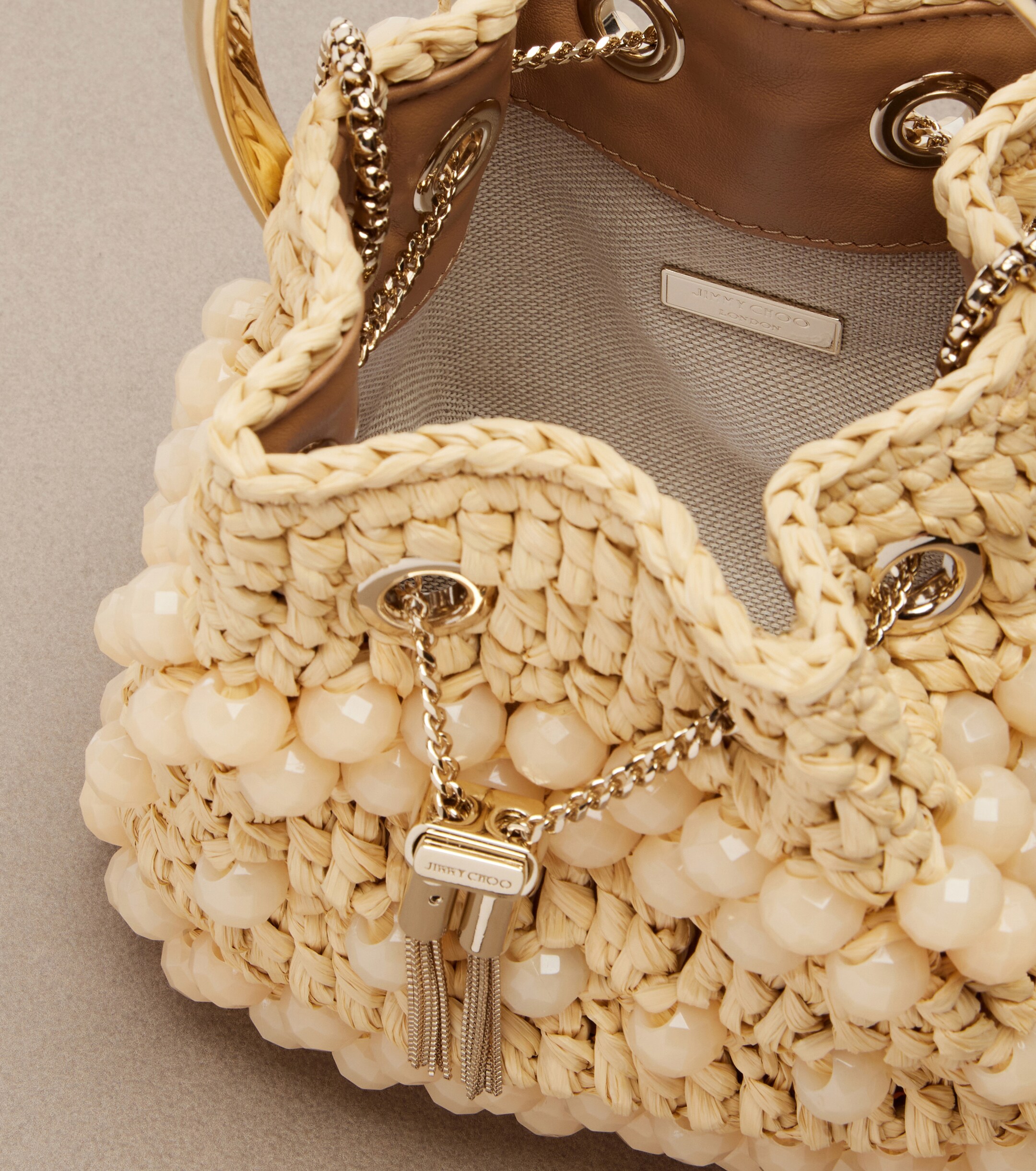 JIMMY CHOO Bon Bon beaded raffia bucket bag
