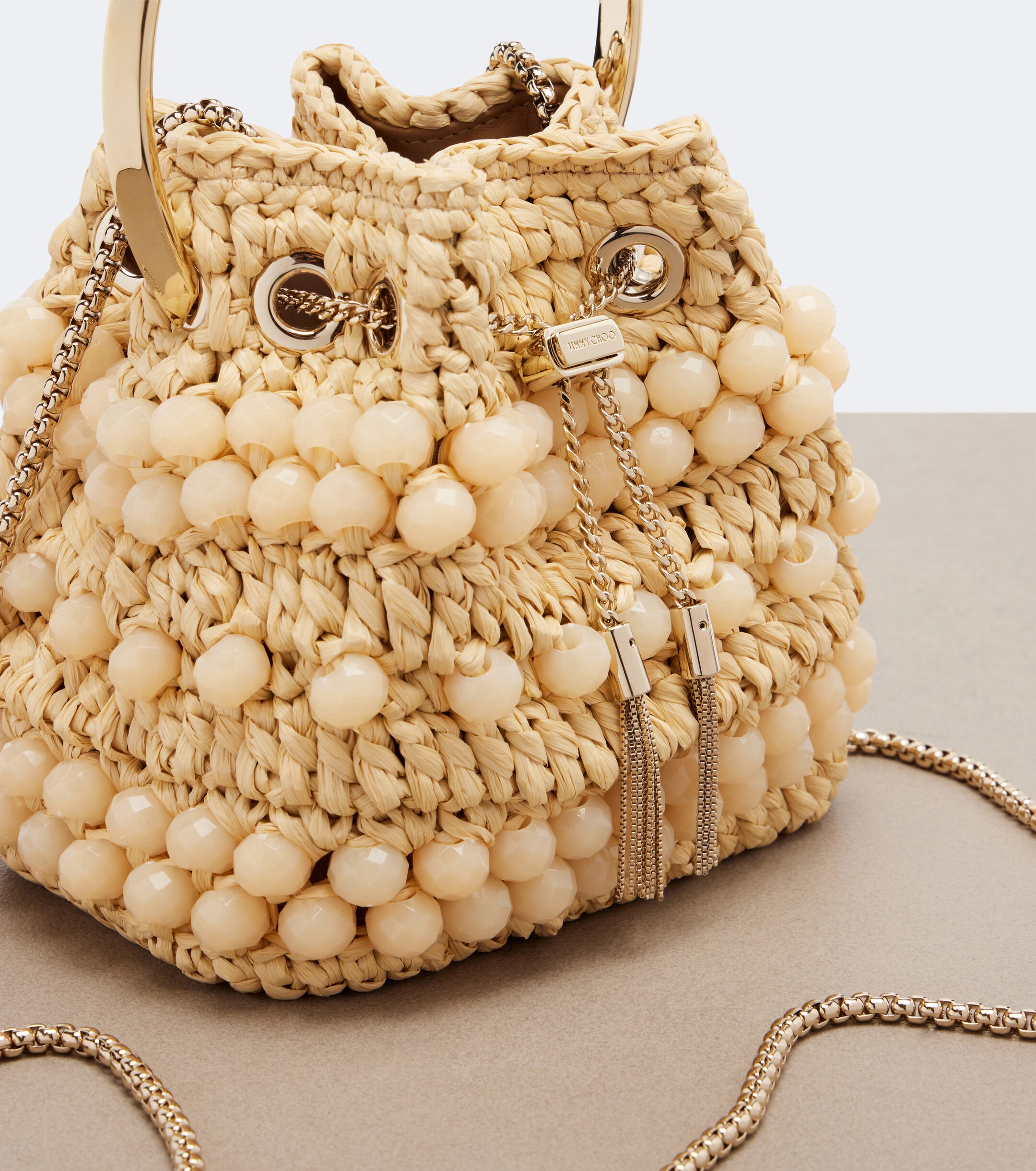 JIMMY CHOO Bon Bon beaded raffia bucket bag