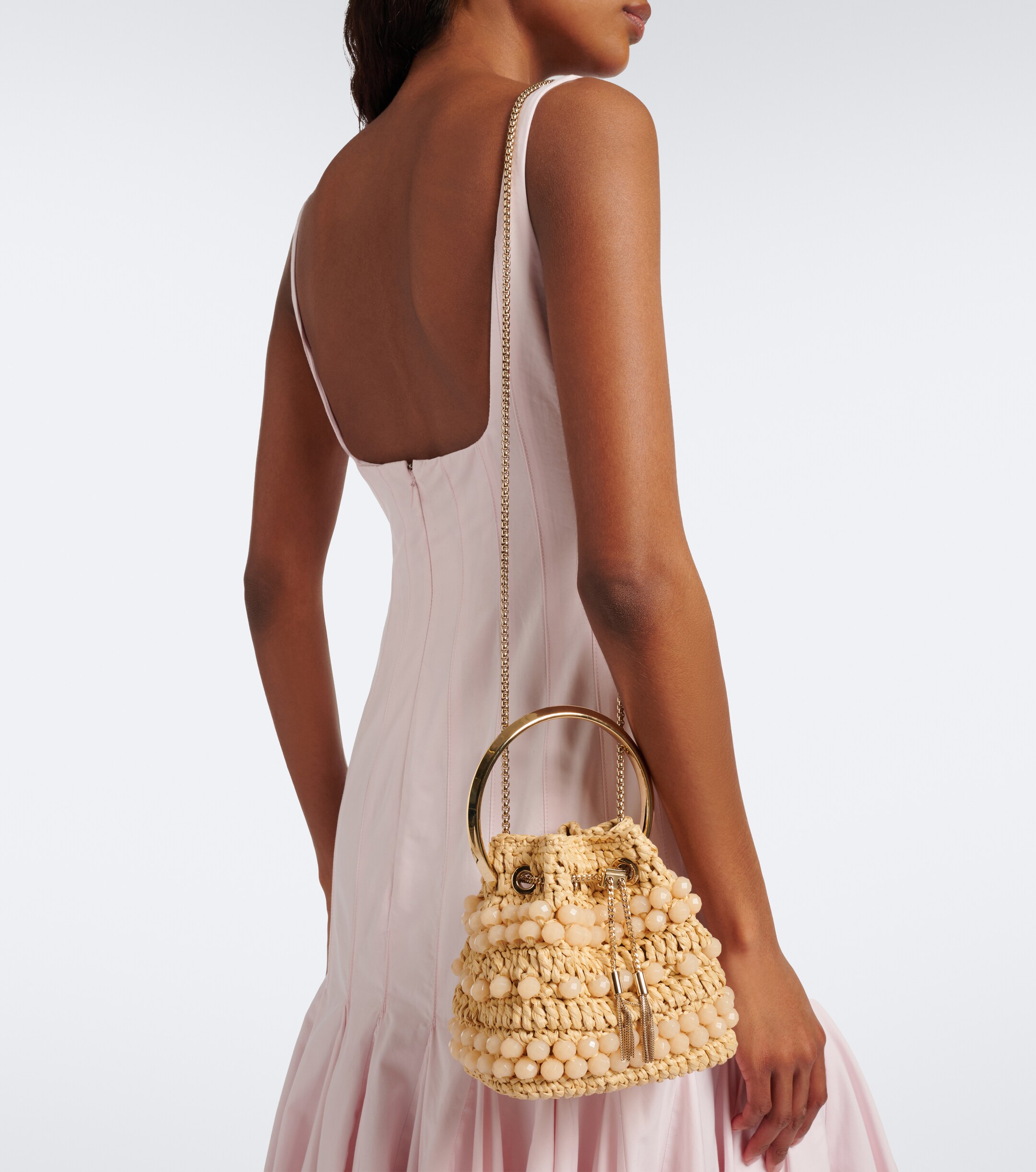 JIMMY CHOO Bon Bon beaded raffia bucket bag