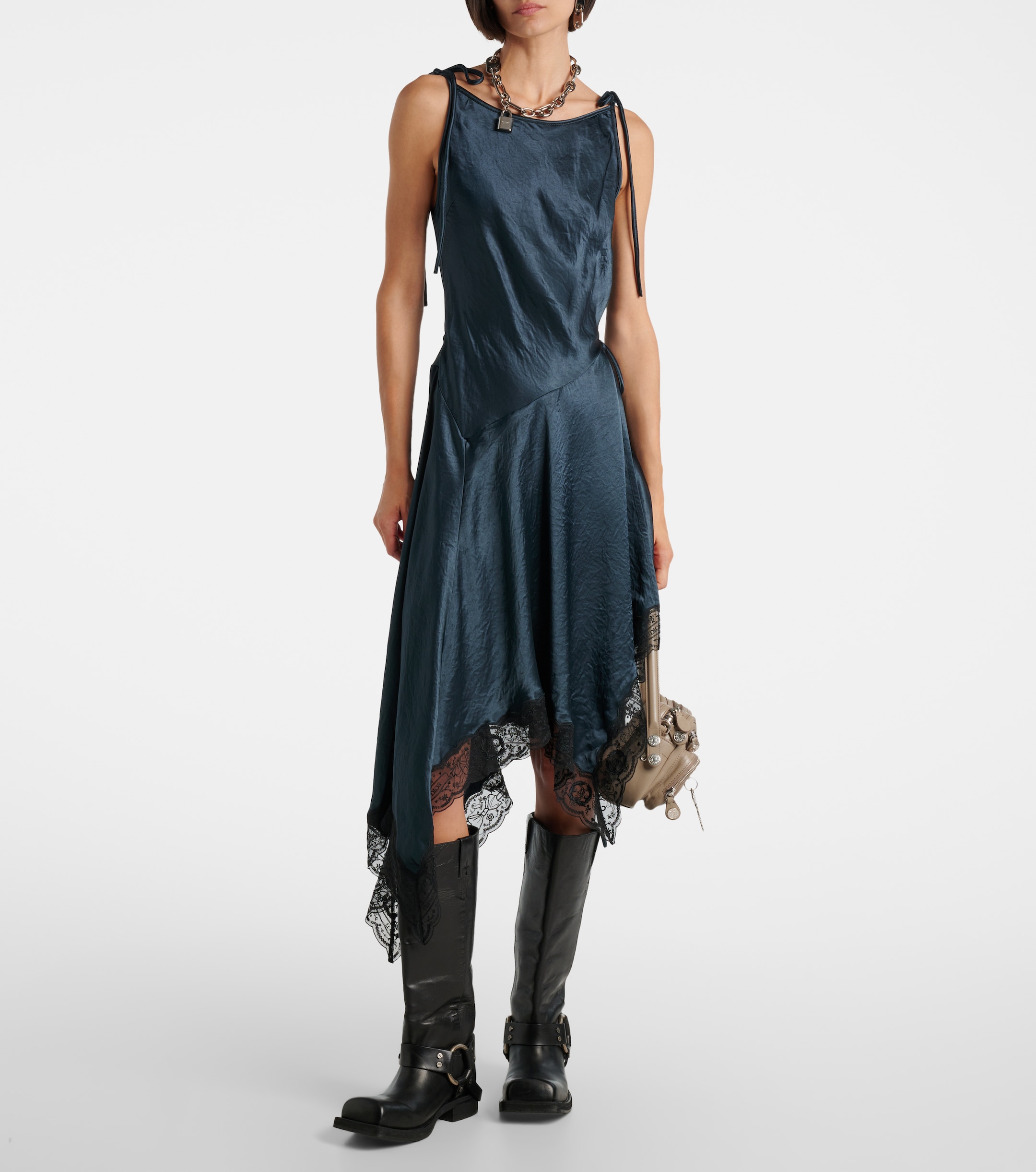 navy blue dress for baby girl Doyla belted asymmetric scalloped lace-trimmed hammered-satin midi dress -  white main image 0