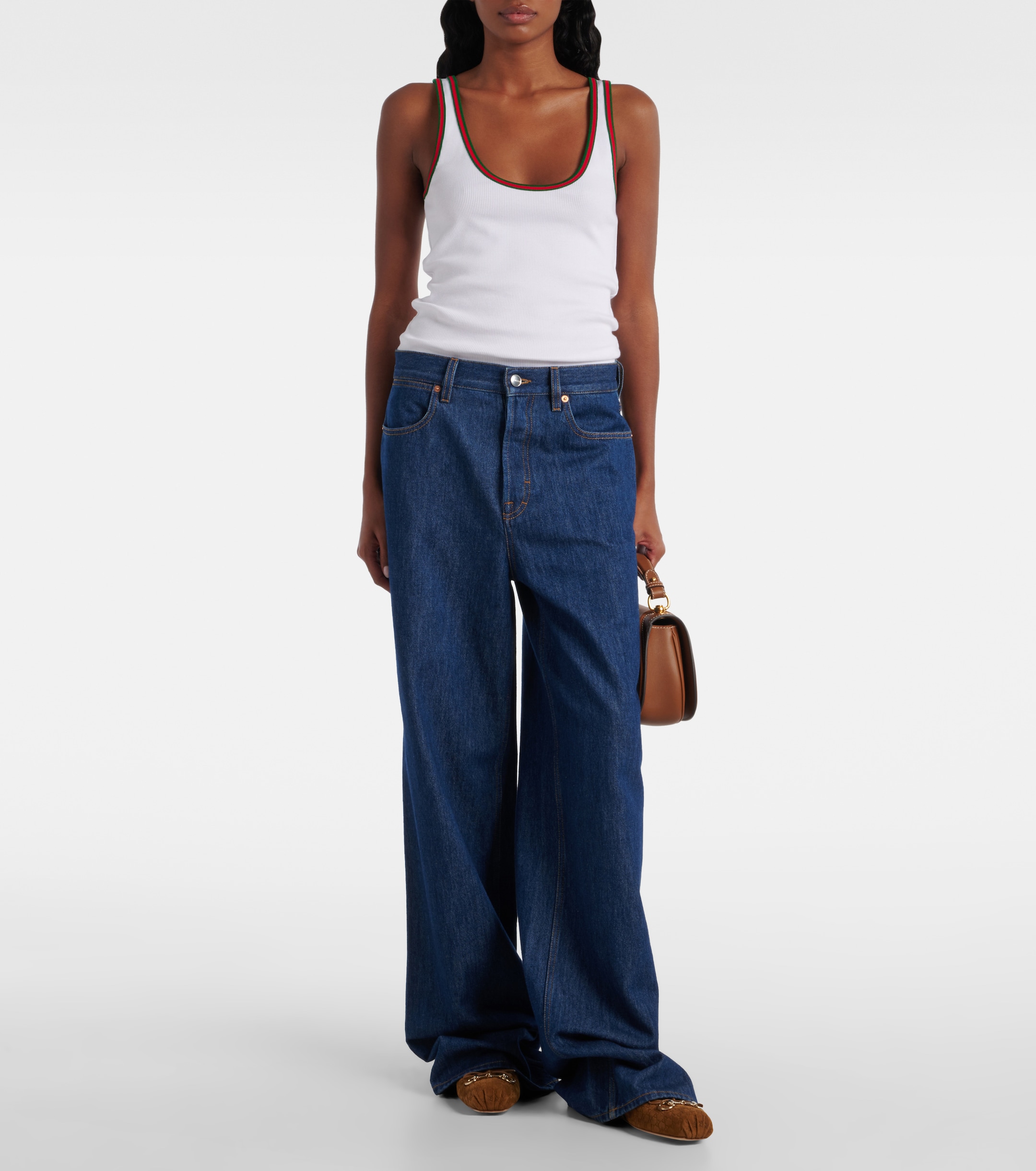 Gucci Leather-trimmed wide-leg jeans