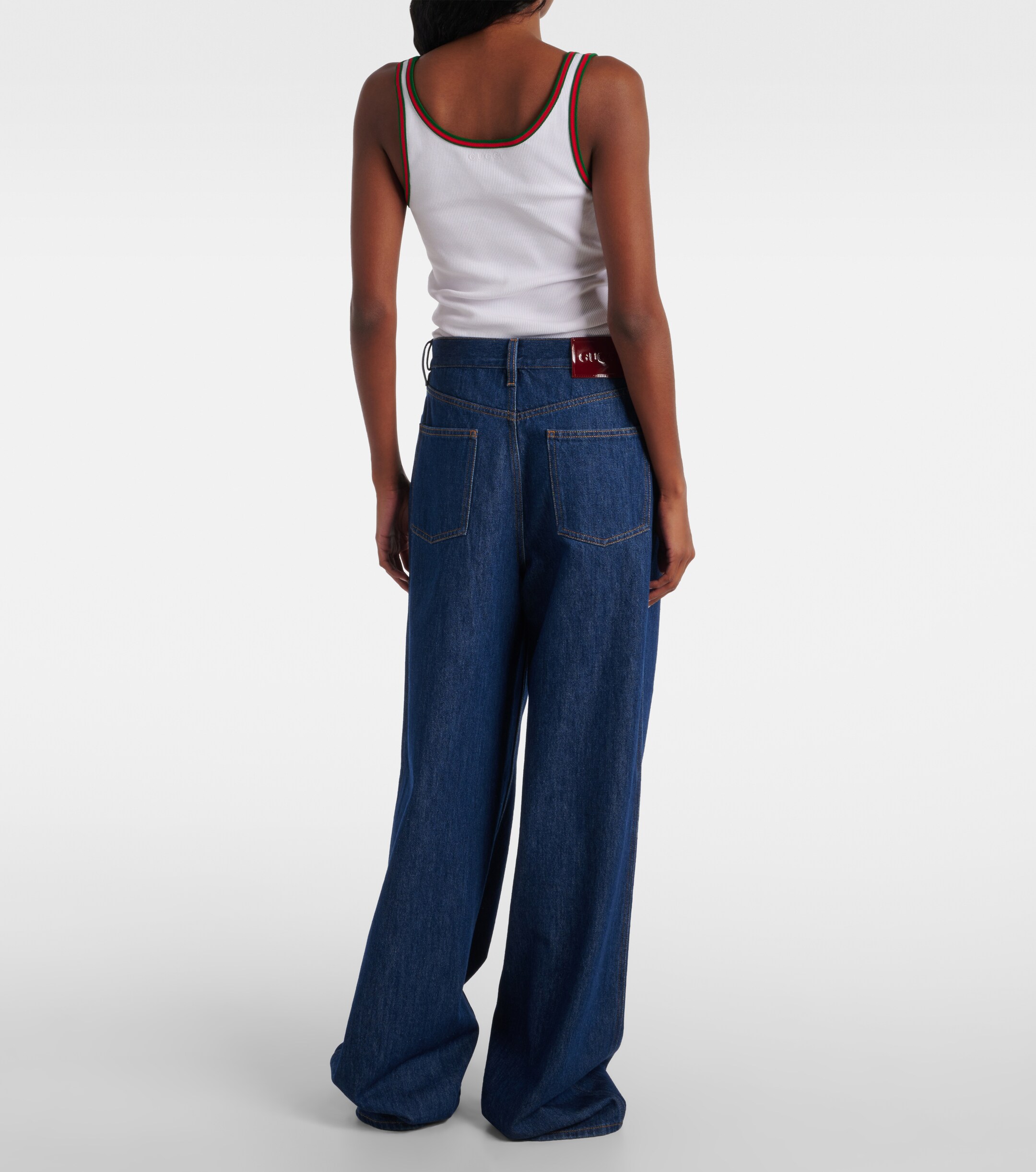 Gucci Leather-trimmed wide-leg jeans thumbnail