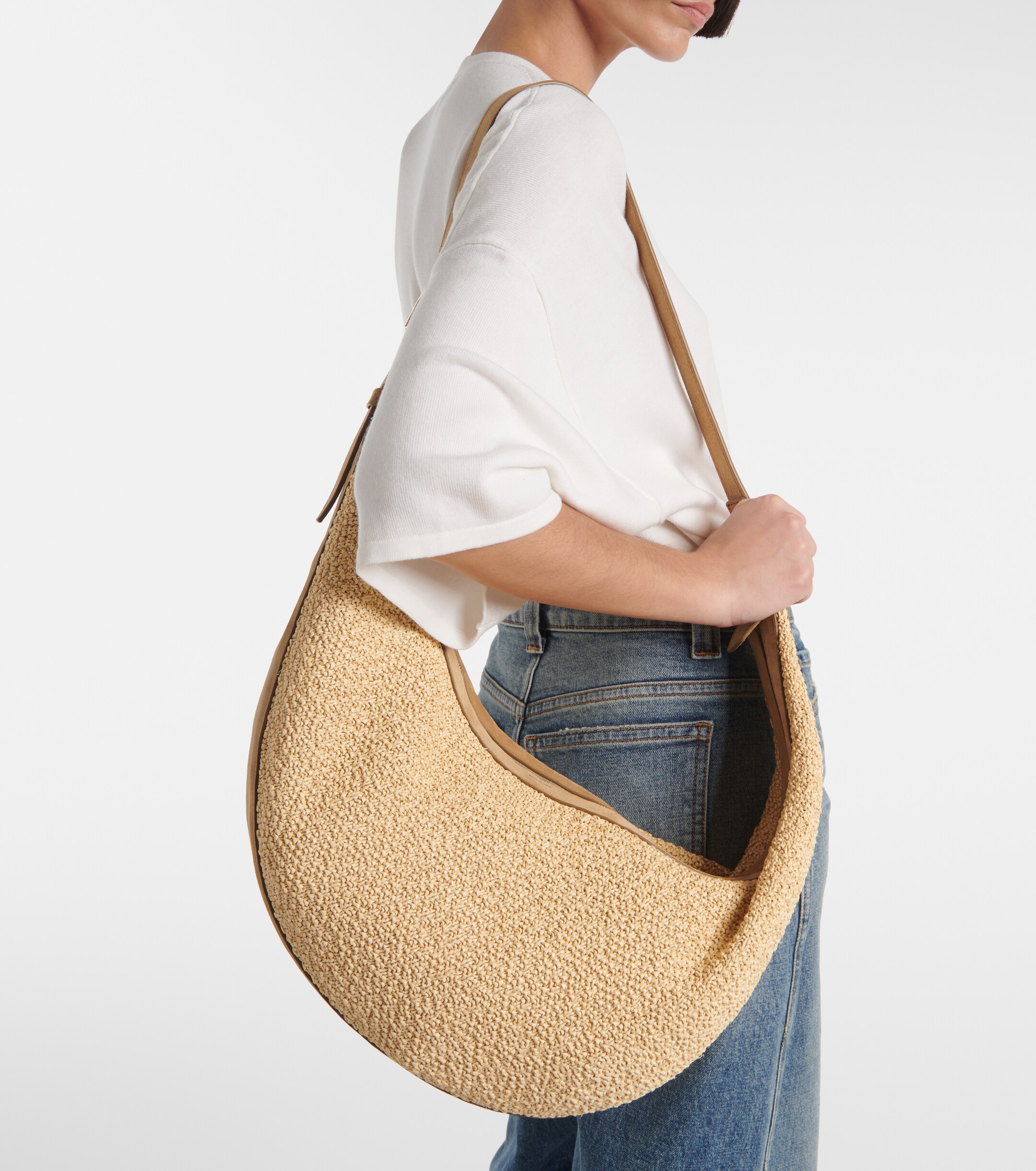 KHAITE Augustina suede-trimmed raffia shoulder bag