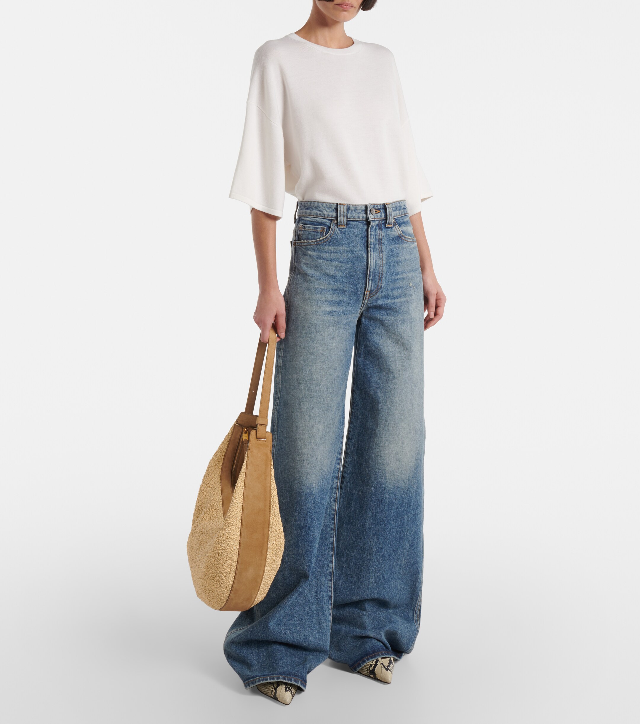 KHAITE Augustina suede-trimmed raffia shoulder bag