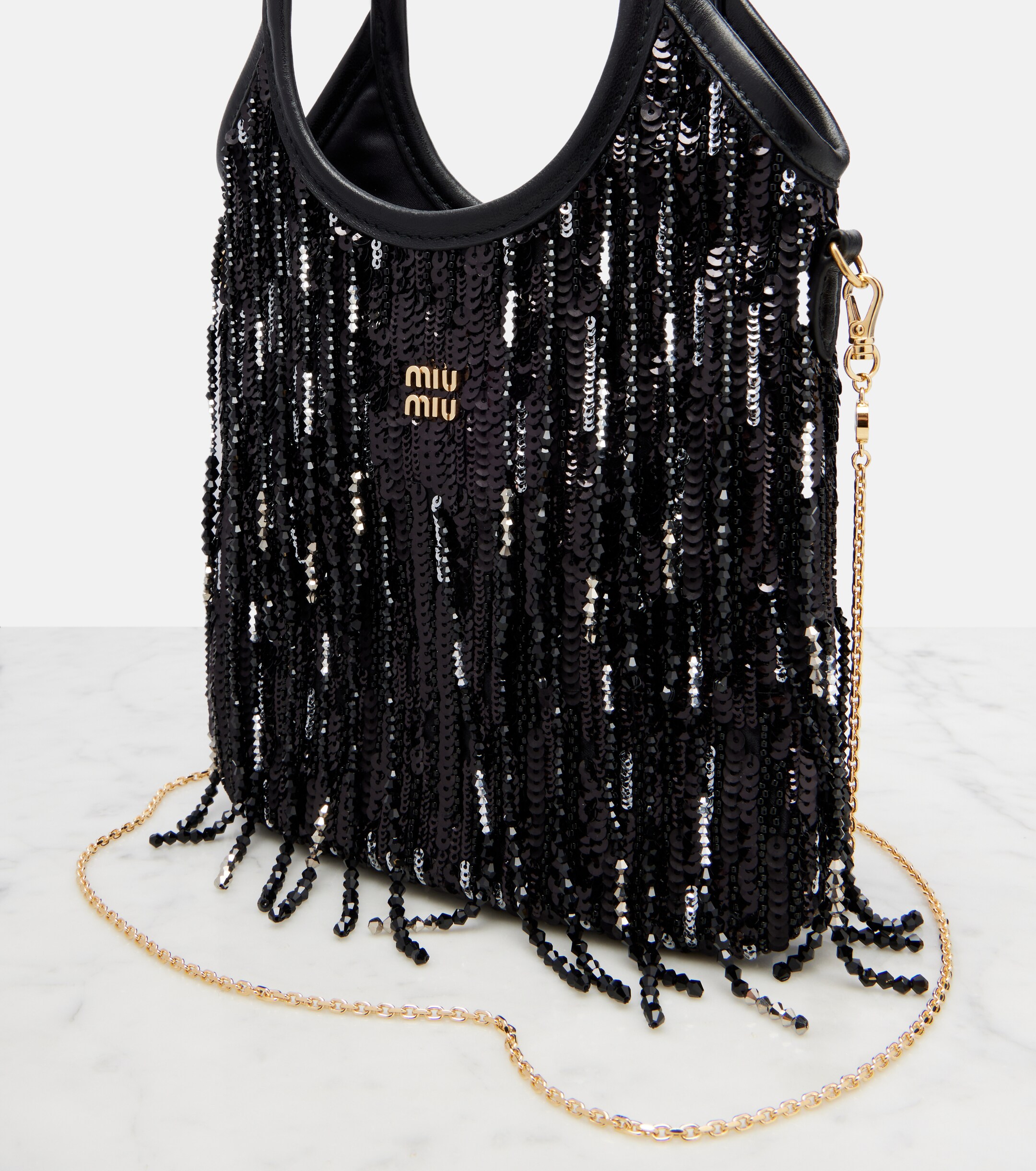 Miu Miu Ivy embellished fringed satin shopper