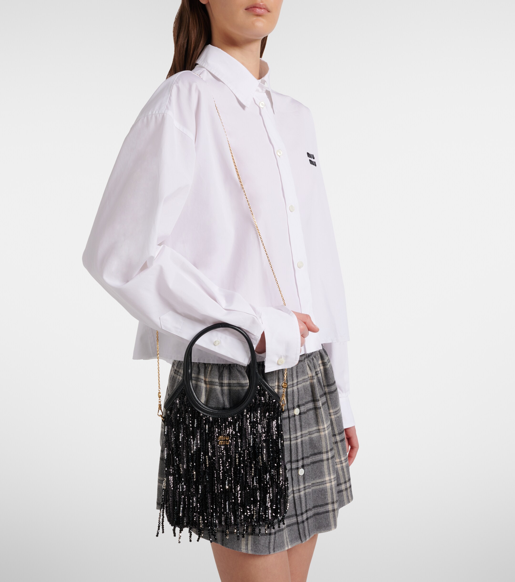 Miu Miu Ivy embellished fringed satin shopper