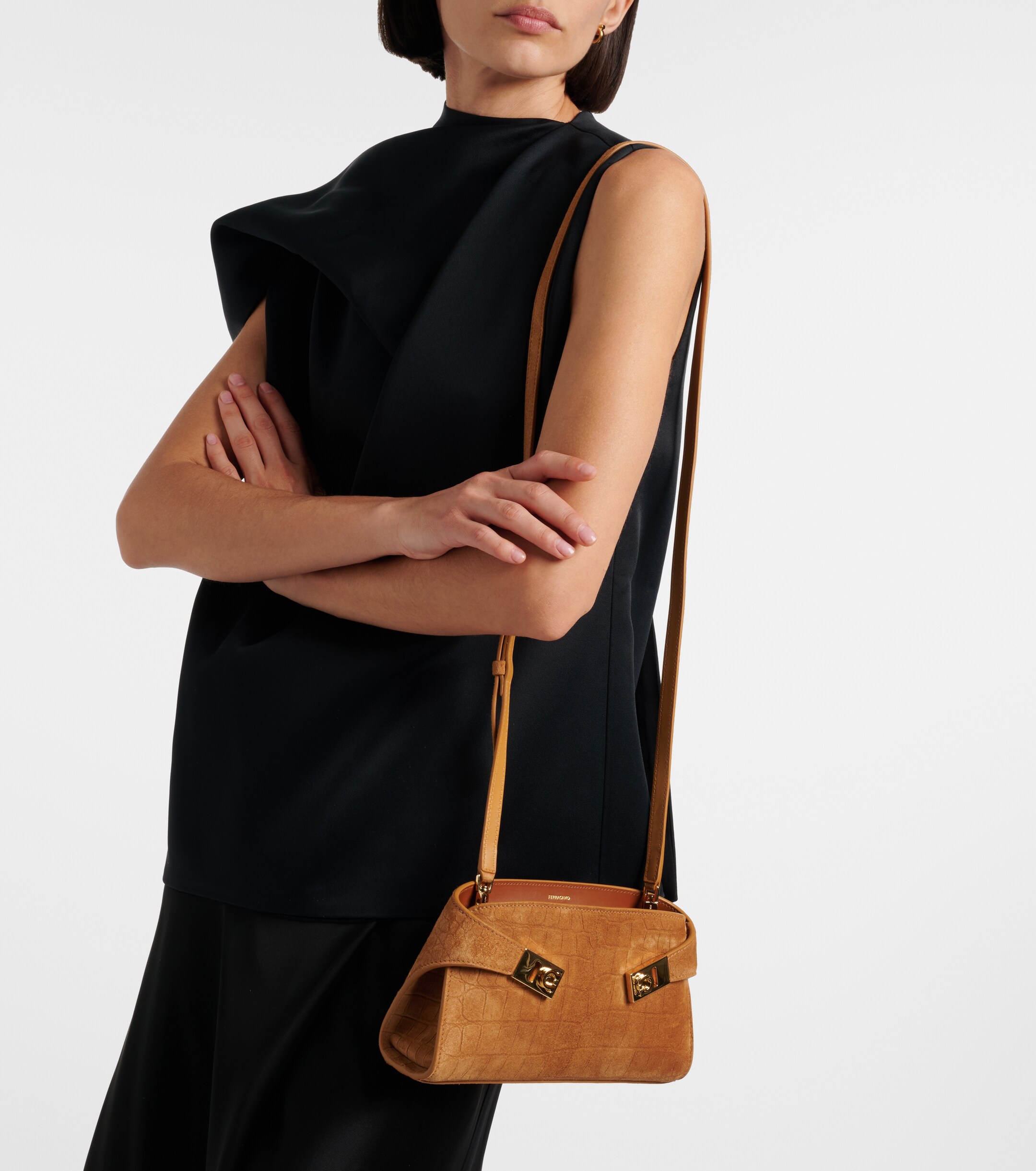 Ferragamo Hug Mini croc-effect suede clutch