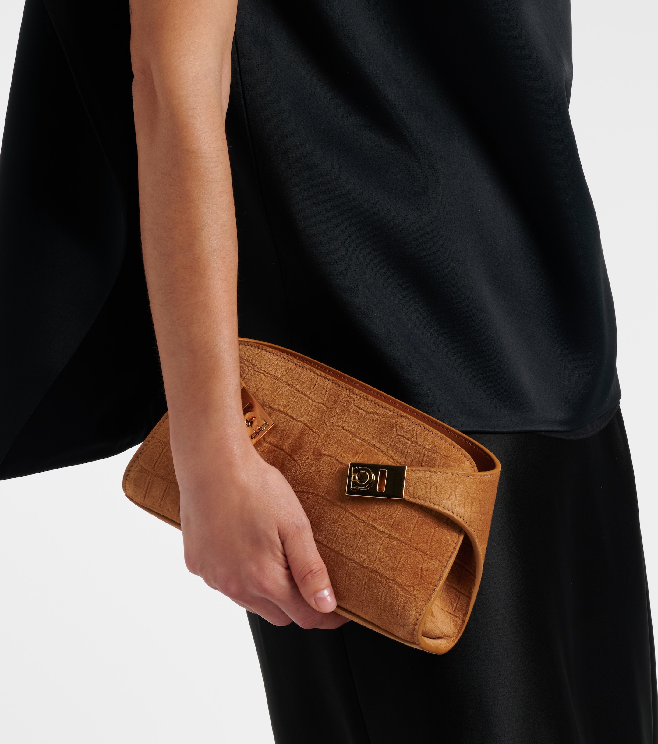 Ferragamo Hug Mini croc-effect suede clutch