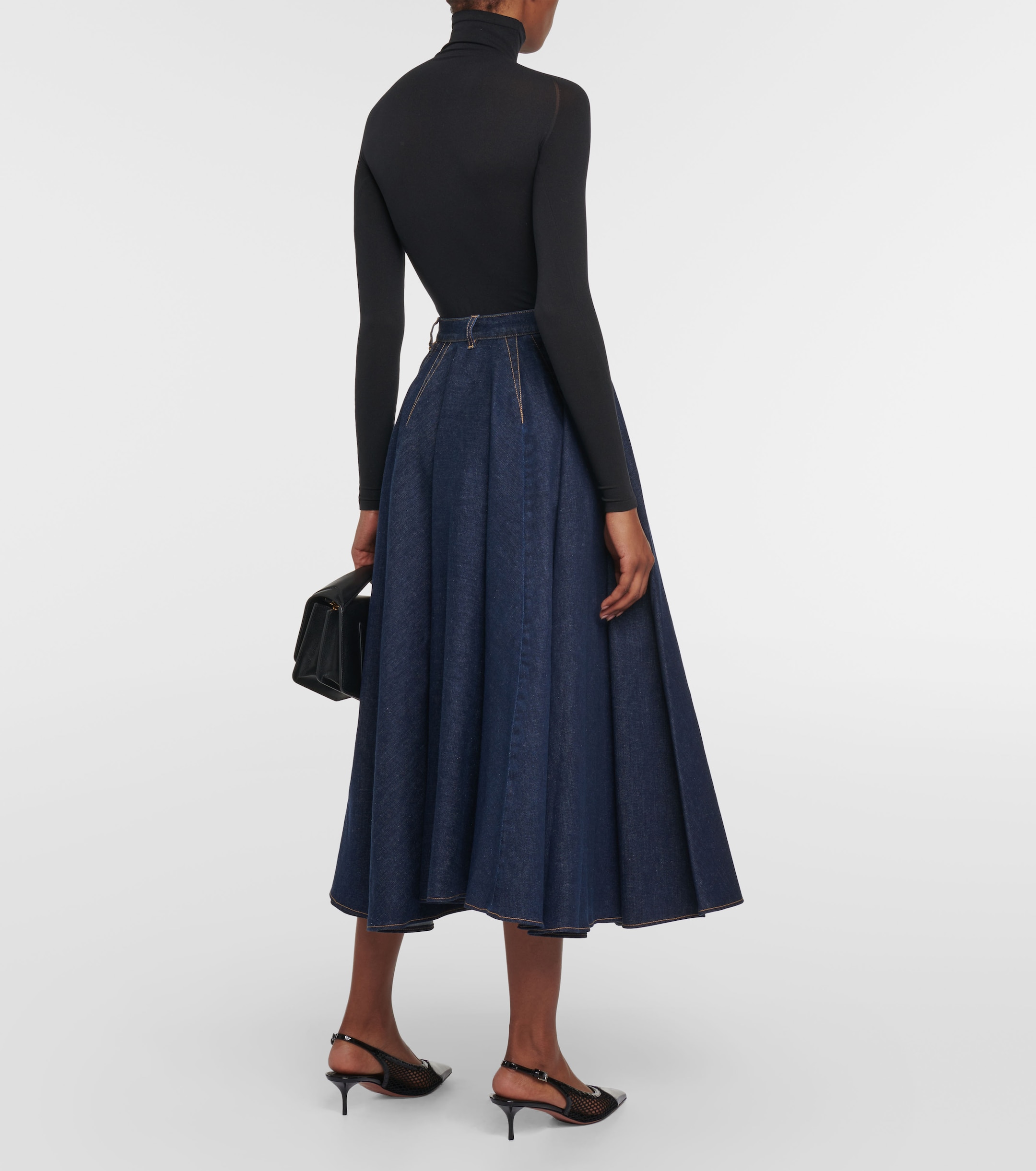 Alaïa Pleated high-rise denim midi skirt