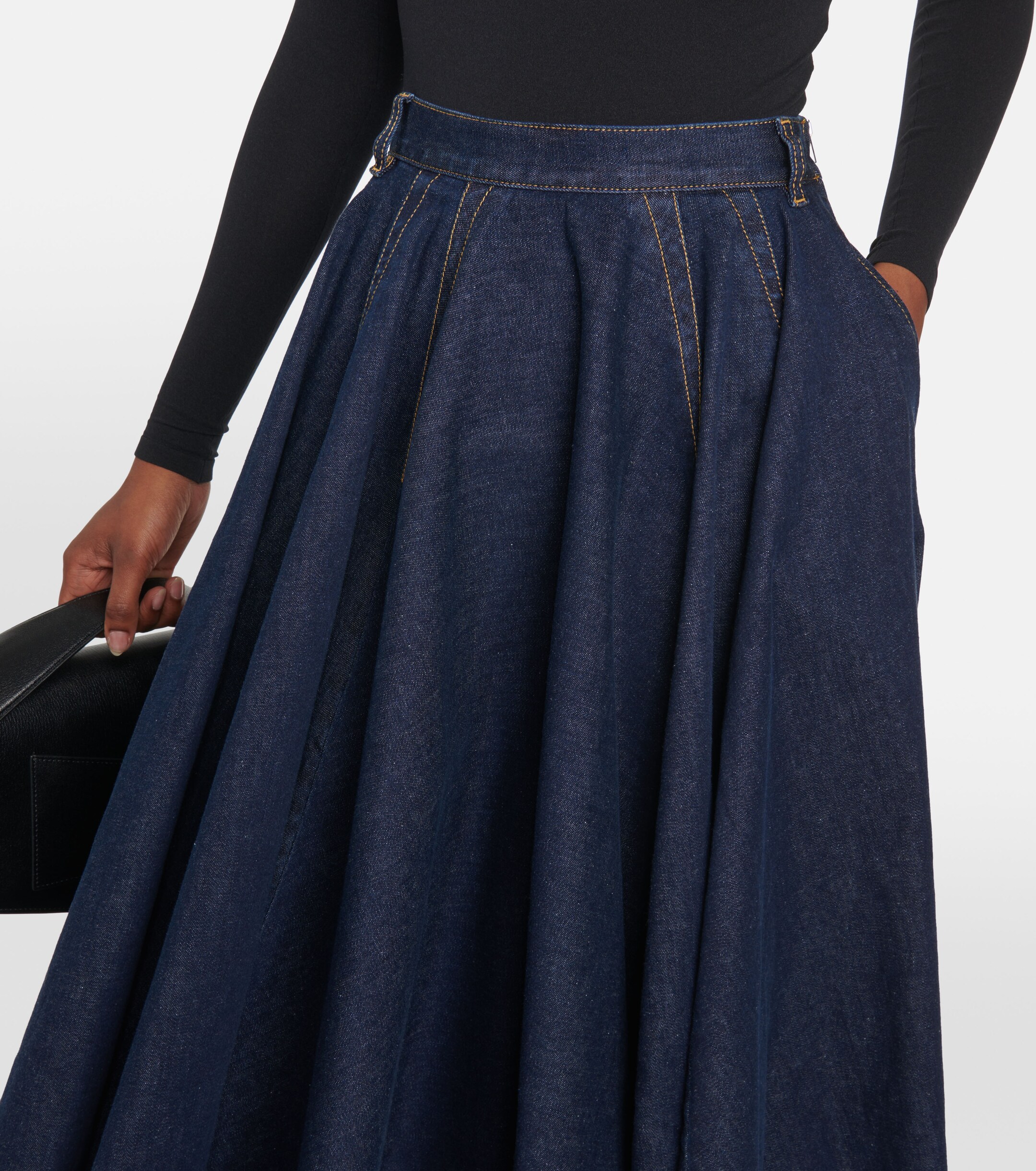 Alaïa Pleated high-rise denim midi skirt