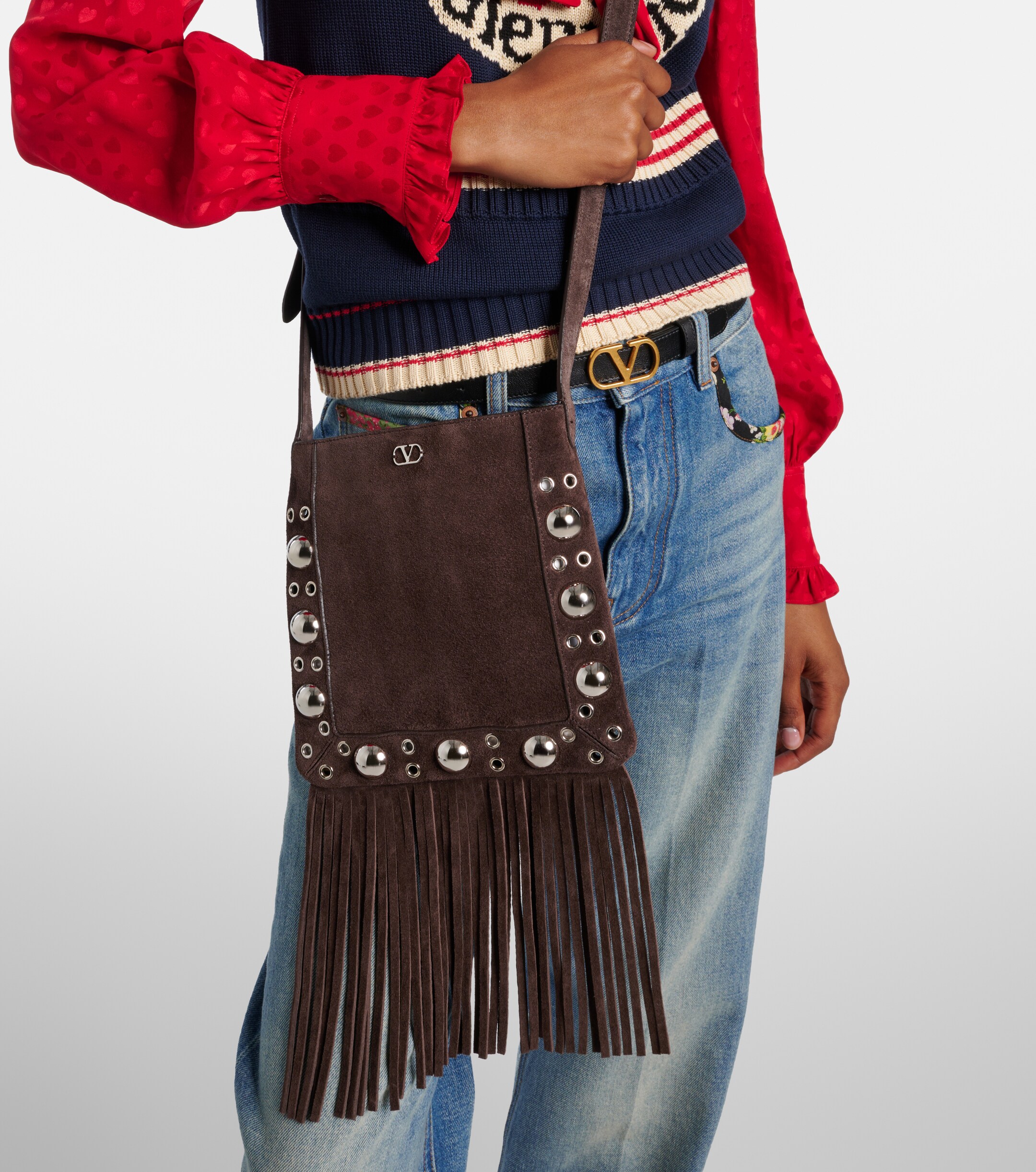 Valentino Garavani Nellcôte Small fringed suede shoulder bag thumbnail