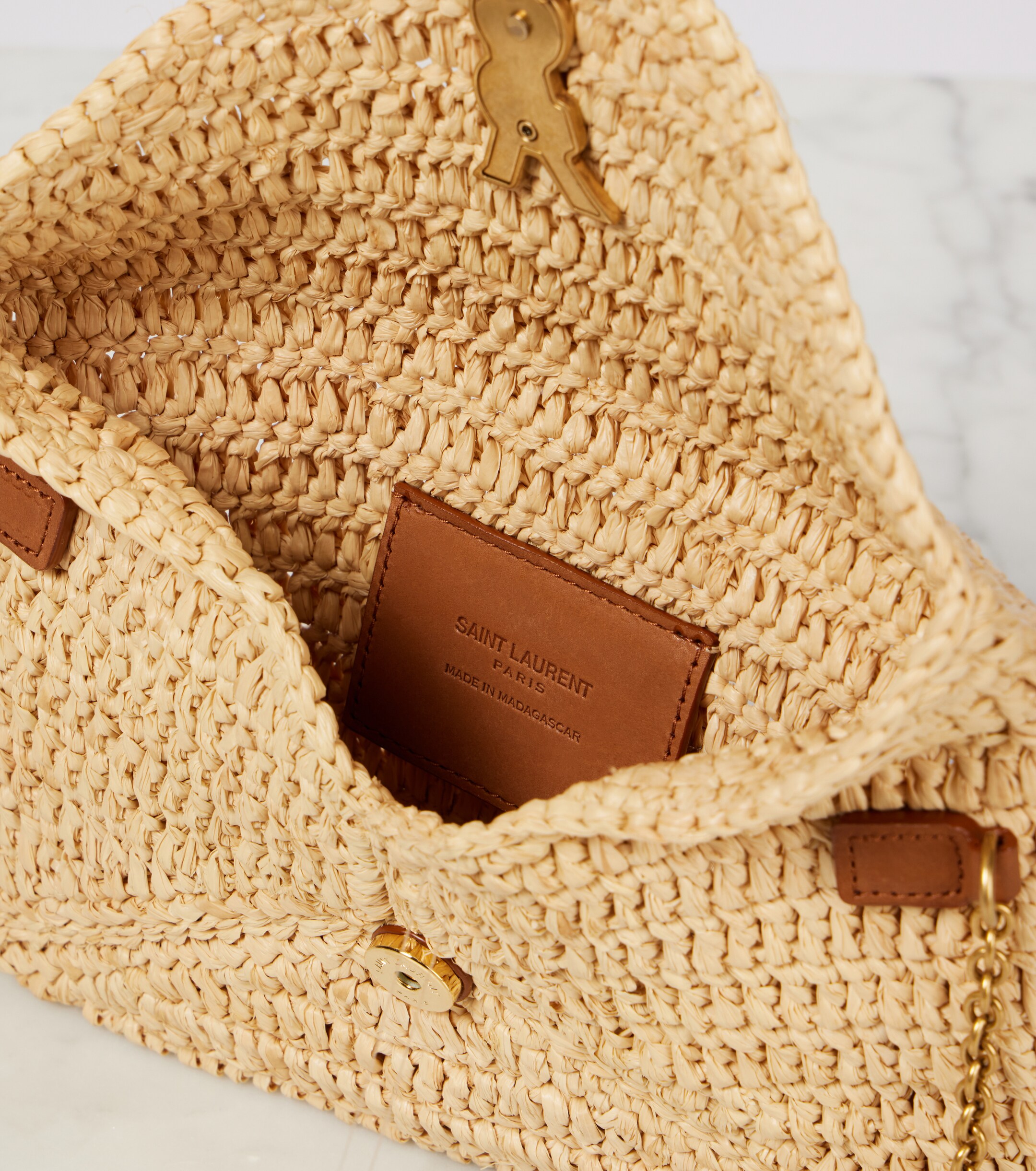 Saint Laurent Cassandre Mini raffia shoulder bag
