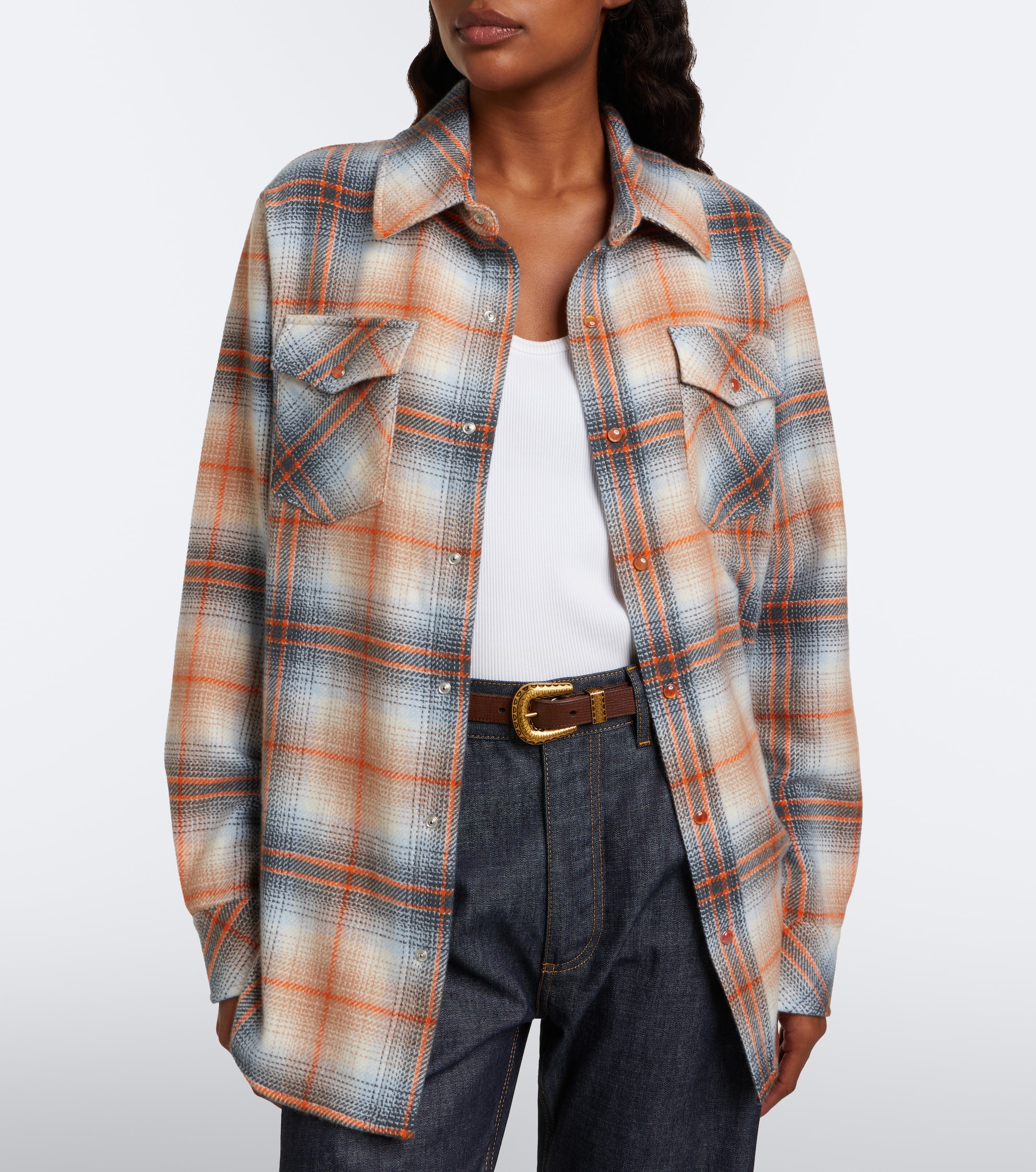 God's True Cashmere God's True Cashmere Ironwood plaid cashmere shirt with carnelians