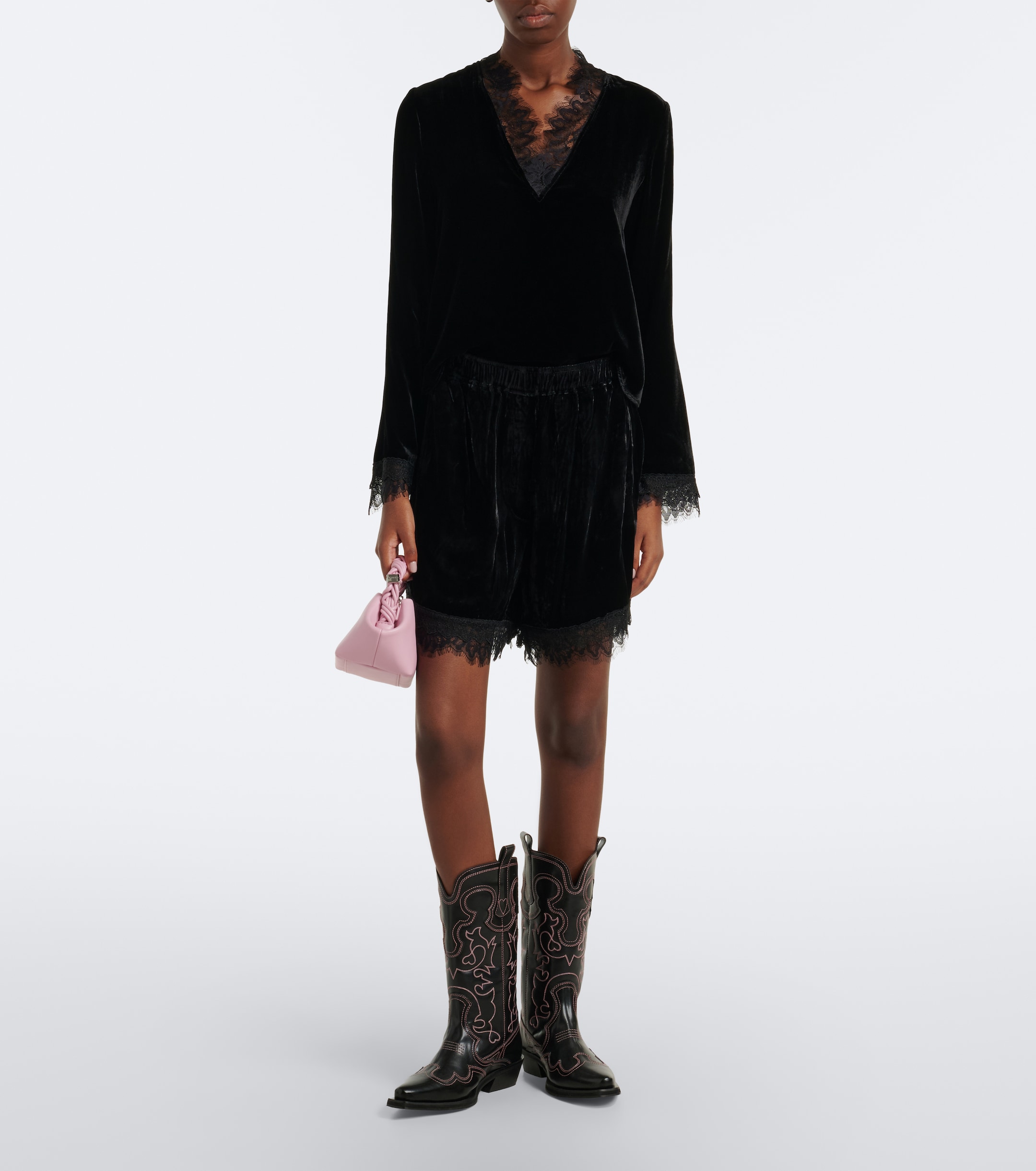 GANNI Ganni Lace-trimmed velvet shorts