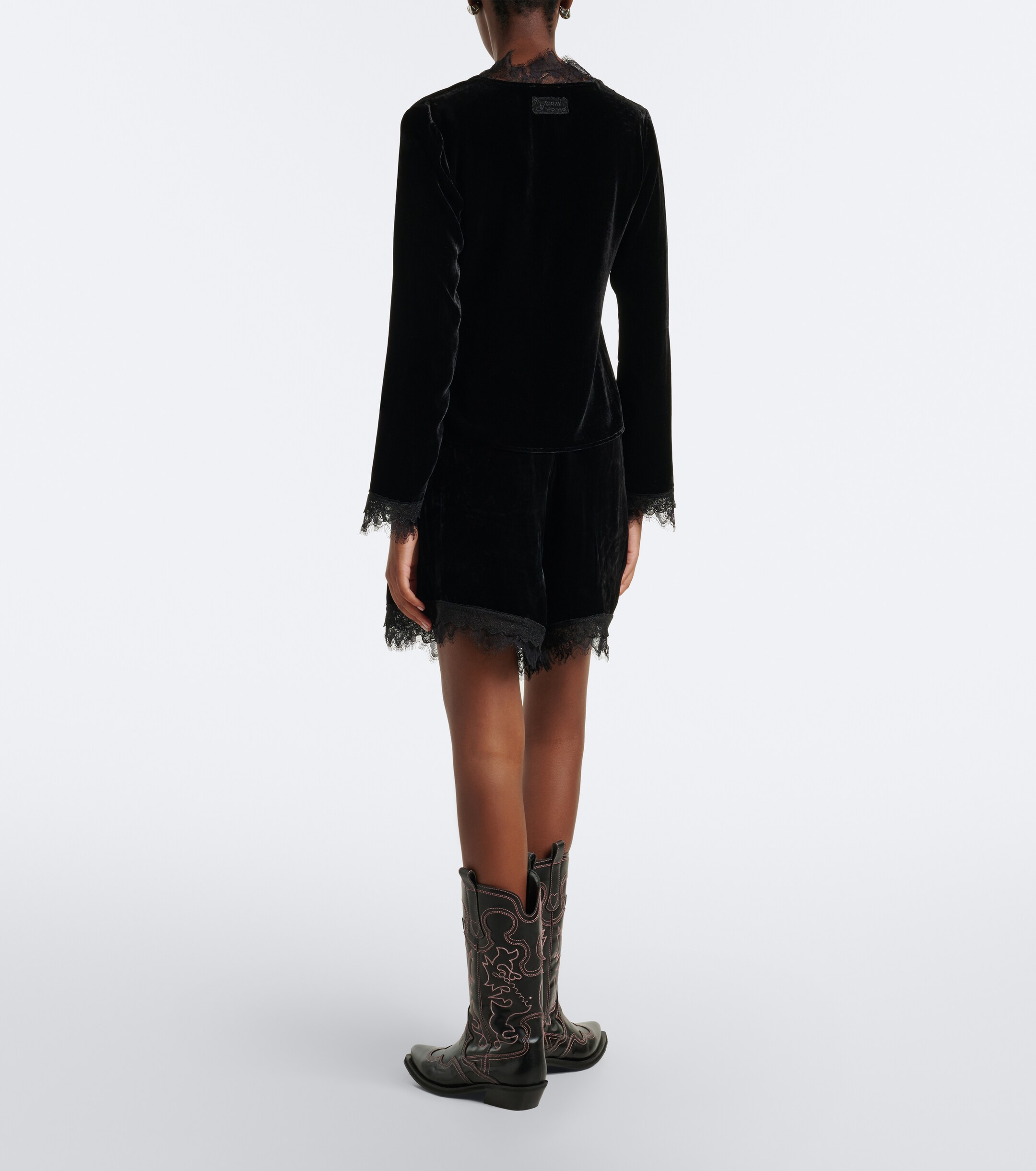 GANNI Ganni Lace-trimmed velvet shorts