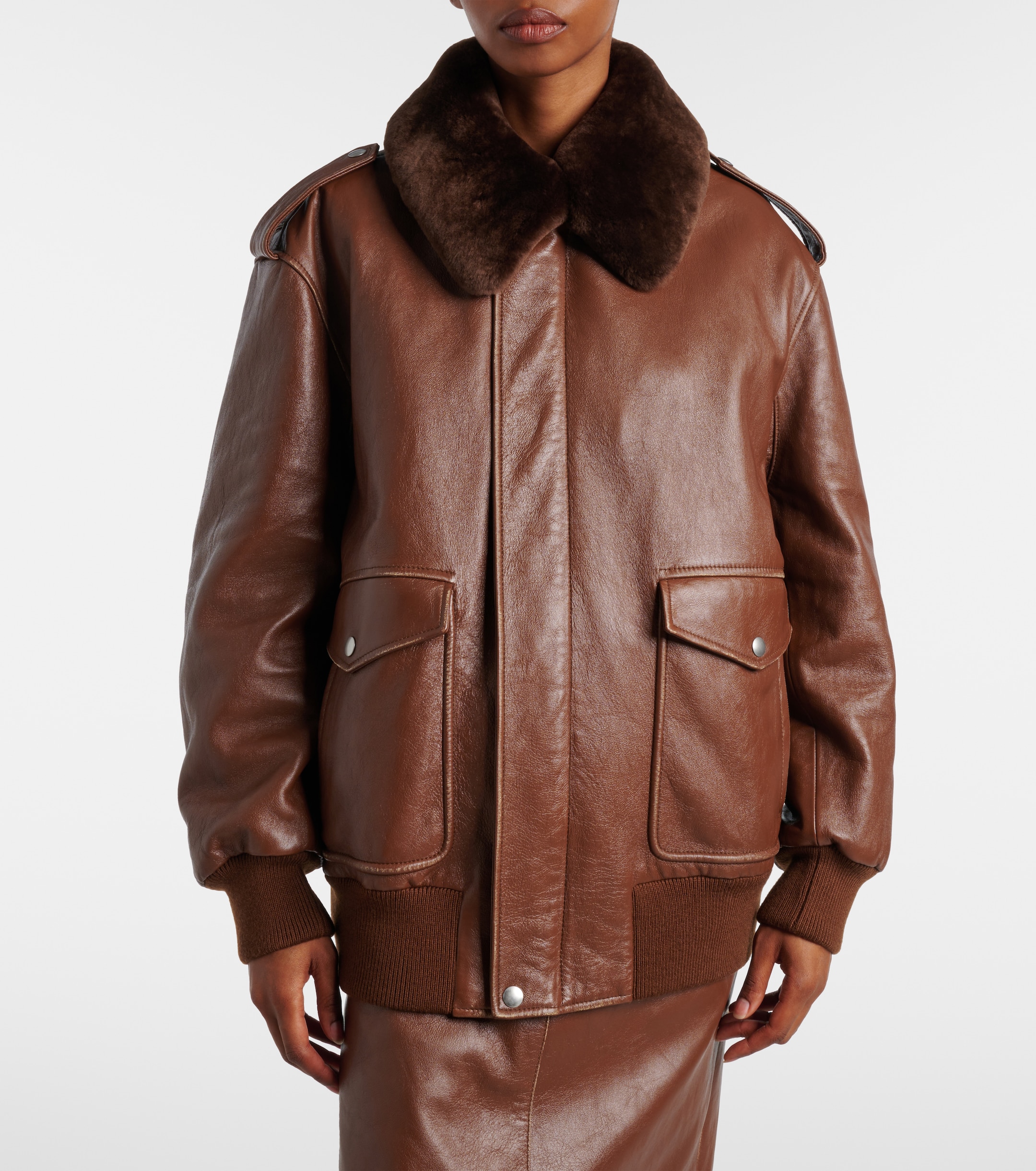Prada Shearling-trimmed leather bomber jacket