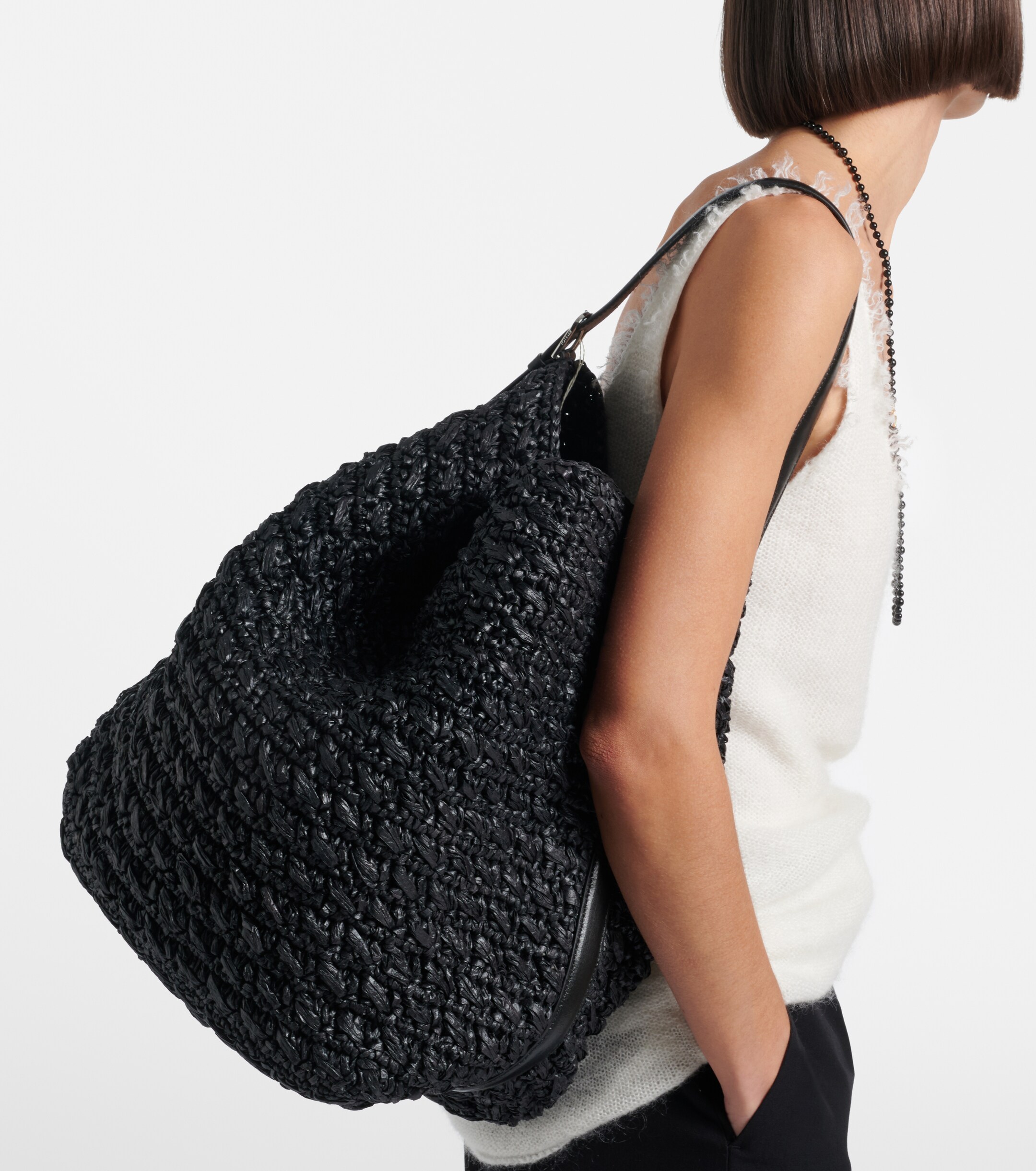 TOTEME Belted leather-trimmed raffia tote bag