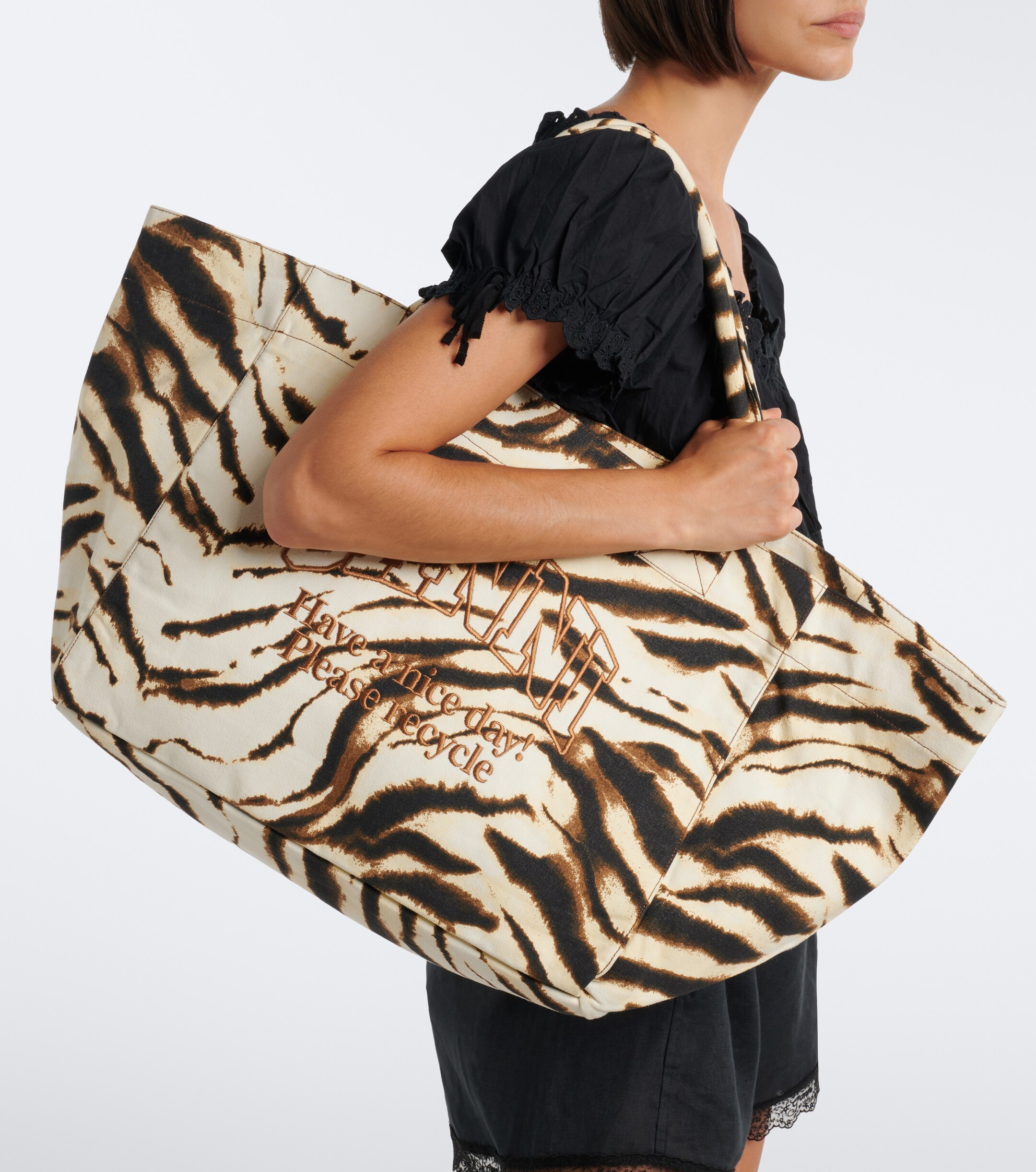 GANNI Large zebra-print canvas tote bag