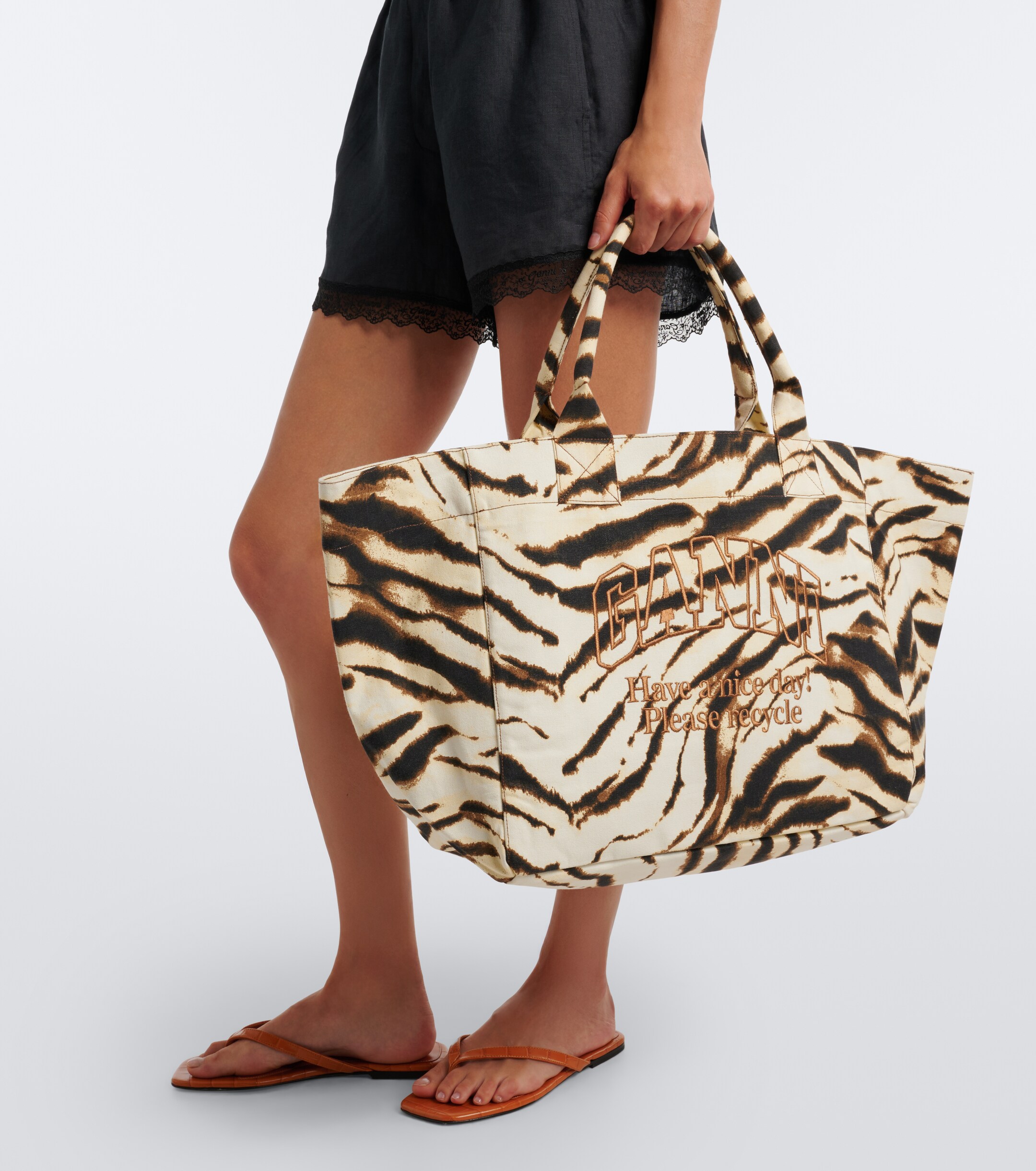 GANNI Large zebra-print canvas tote bag