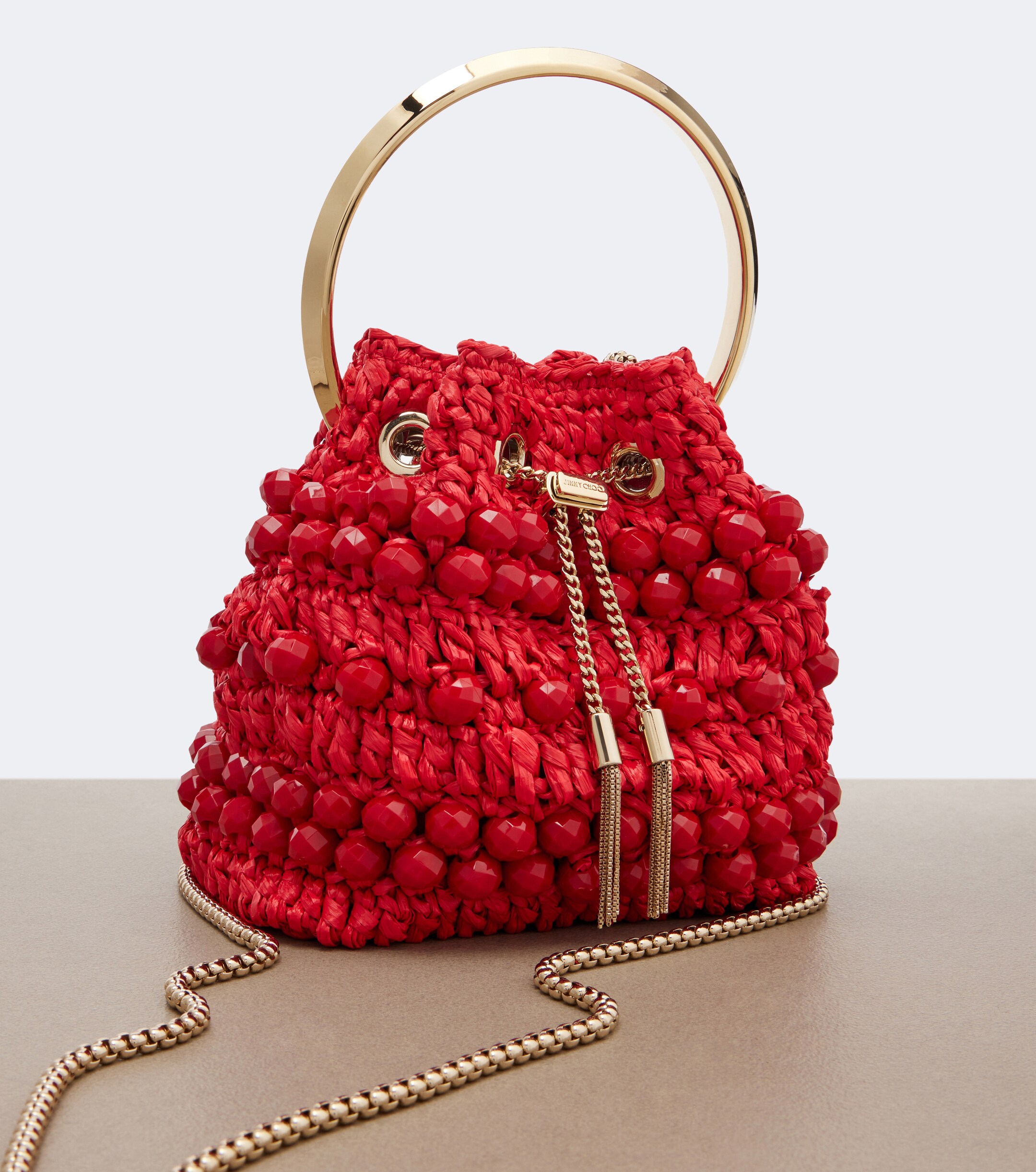 JIMMY CHOO Bon Bon beaded raffia bucket bag