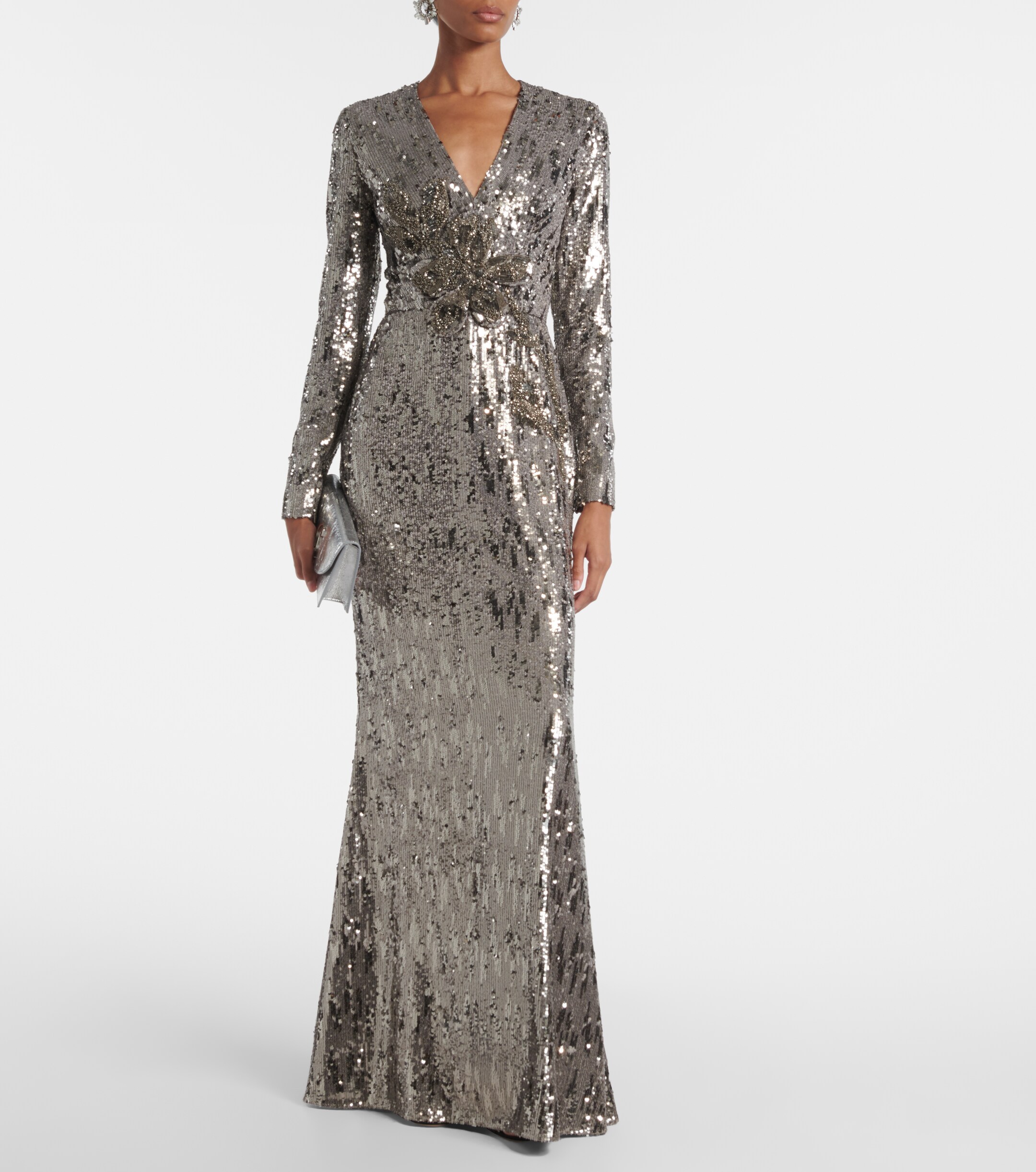 Elie Saab Floral-appliqué sequined silk-blend gown