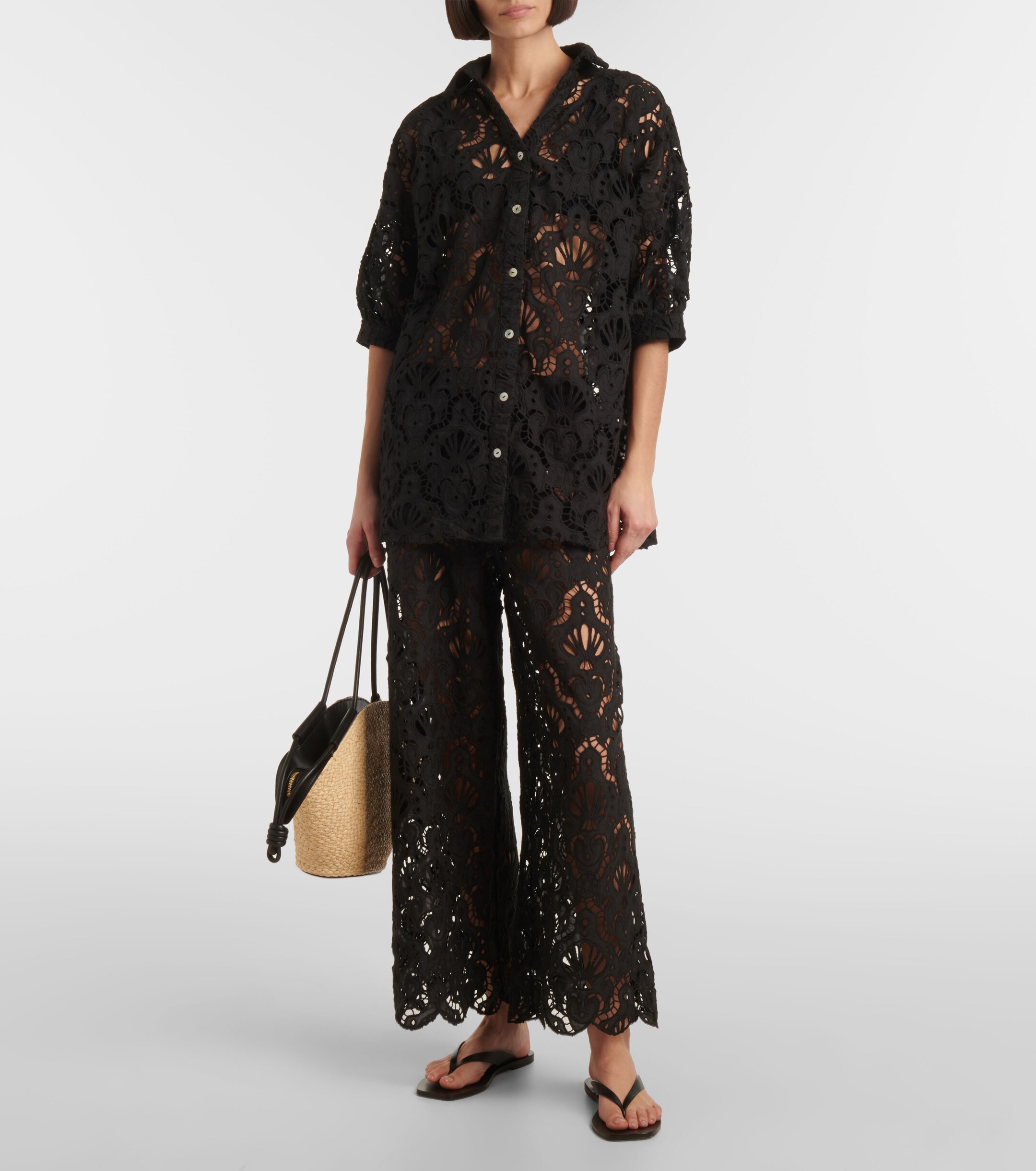 【Farm Rio】 Seashellレースコットンシャツ FARM Rio Seashell Embroidered Eyelet Cotton Button-Up Shirt