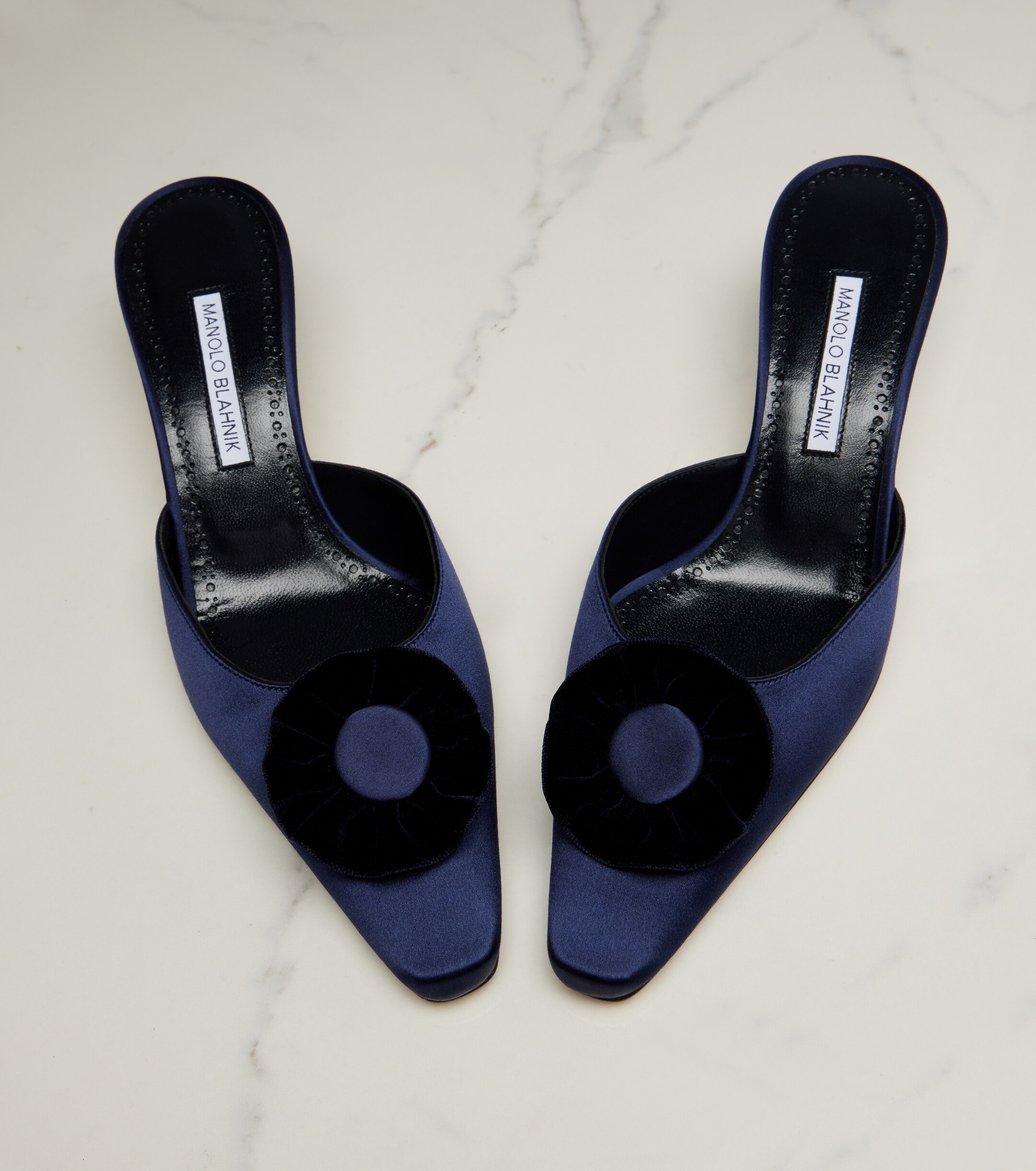 MANOLO BLAHNIK Manolo Blahnik Caulon floral-appliqué silk satin mules