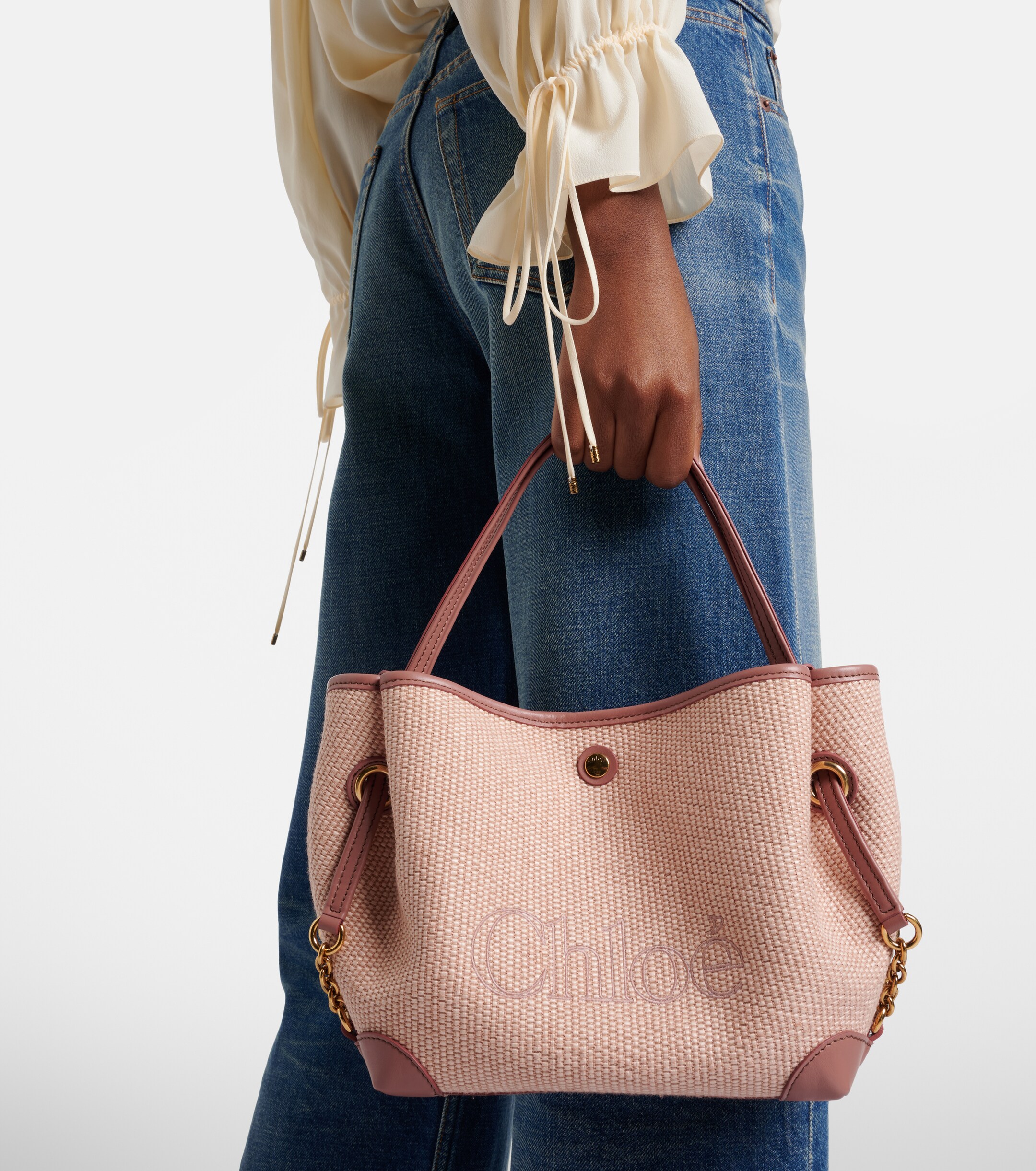 Chloé Small leather-trimmed raffia tote bag