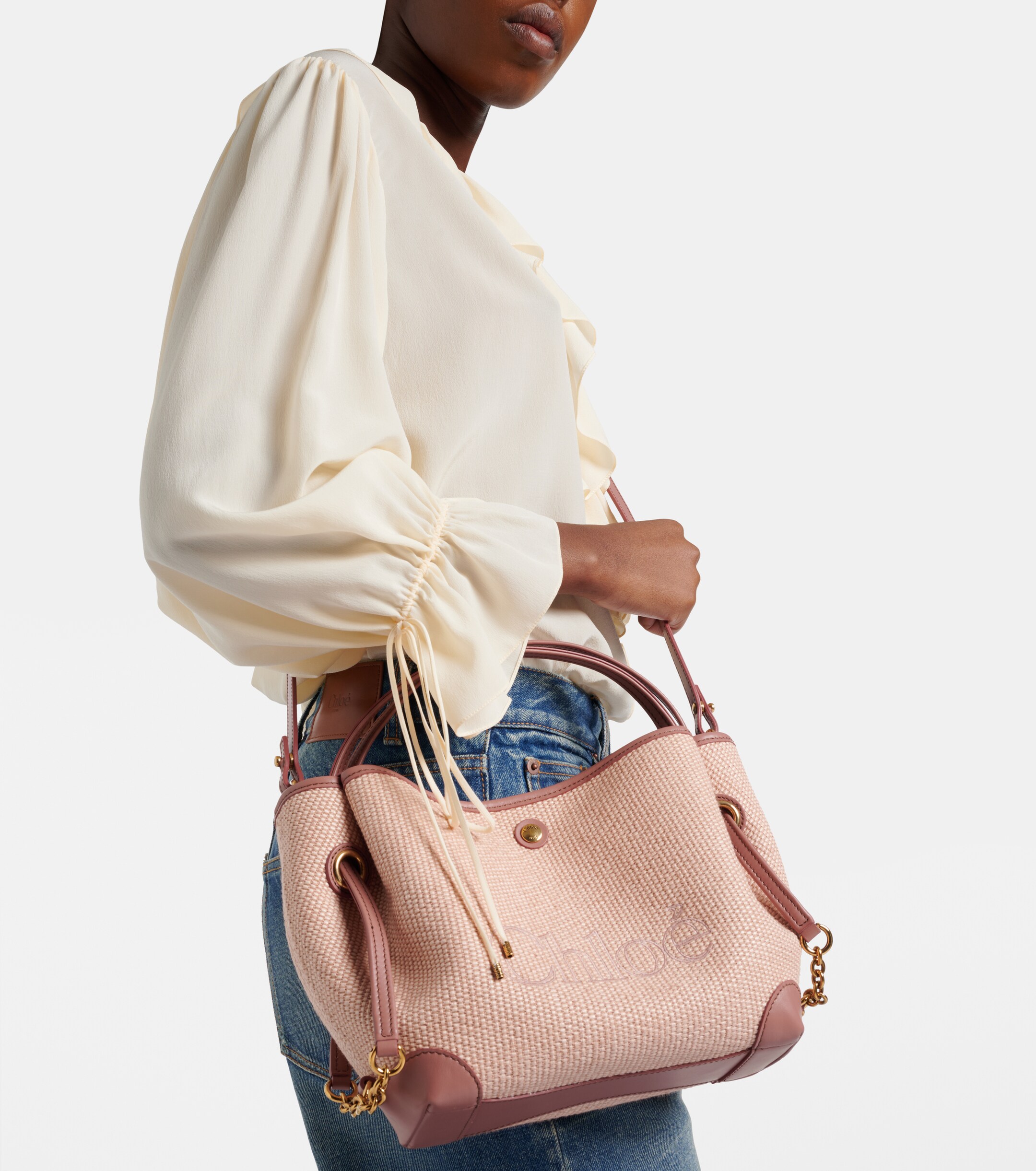 Chloé Small leather-trimmed raffia tote bag