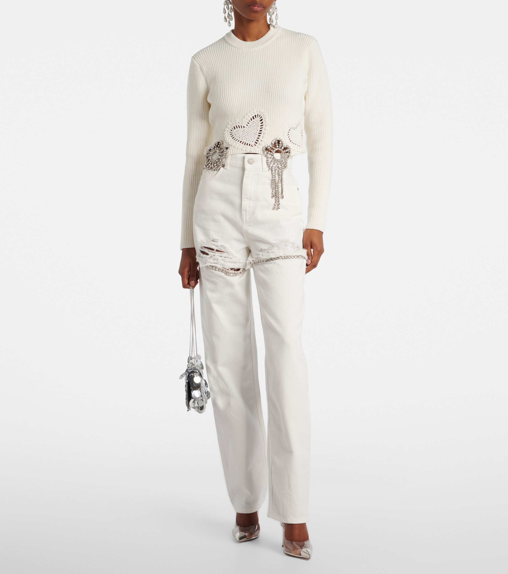 Area Distressed embellished wide-leg jeans