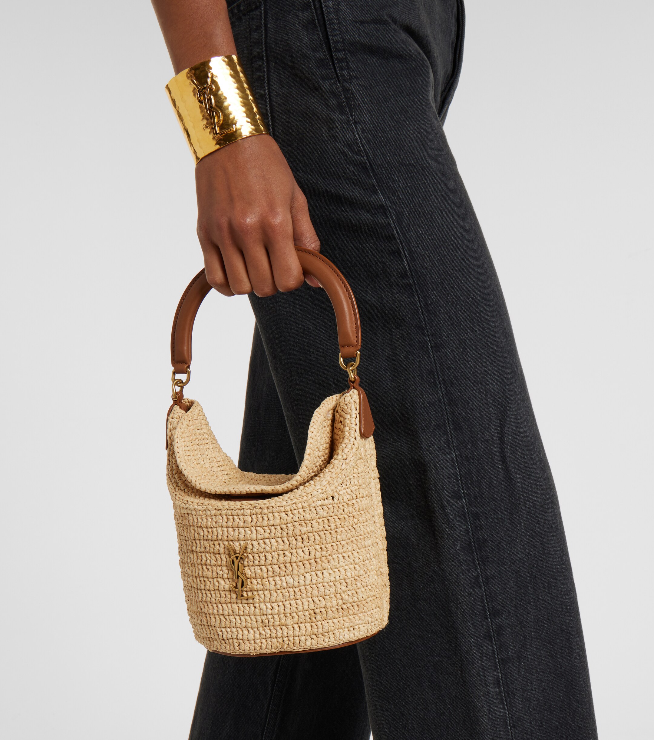 Saint Laurent Gaby leather-trimmed raffia bucket bag