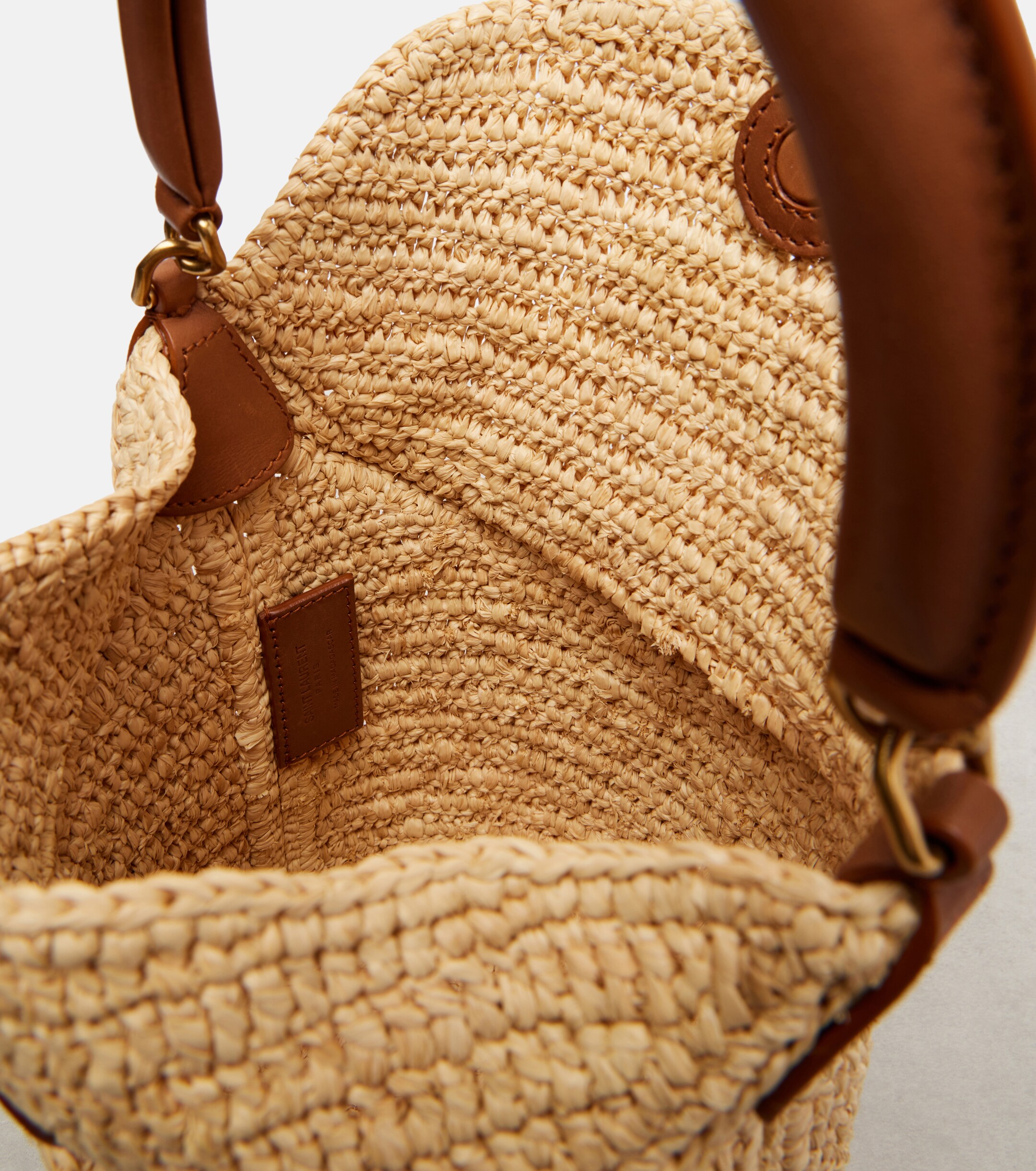 Saint Laurent Gaby leather-trimmed raffia bucket bag