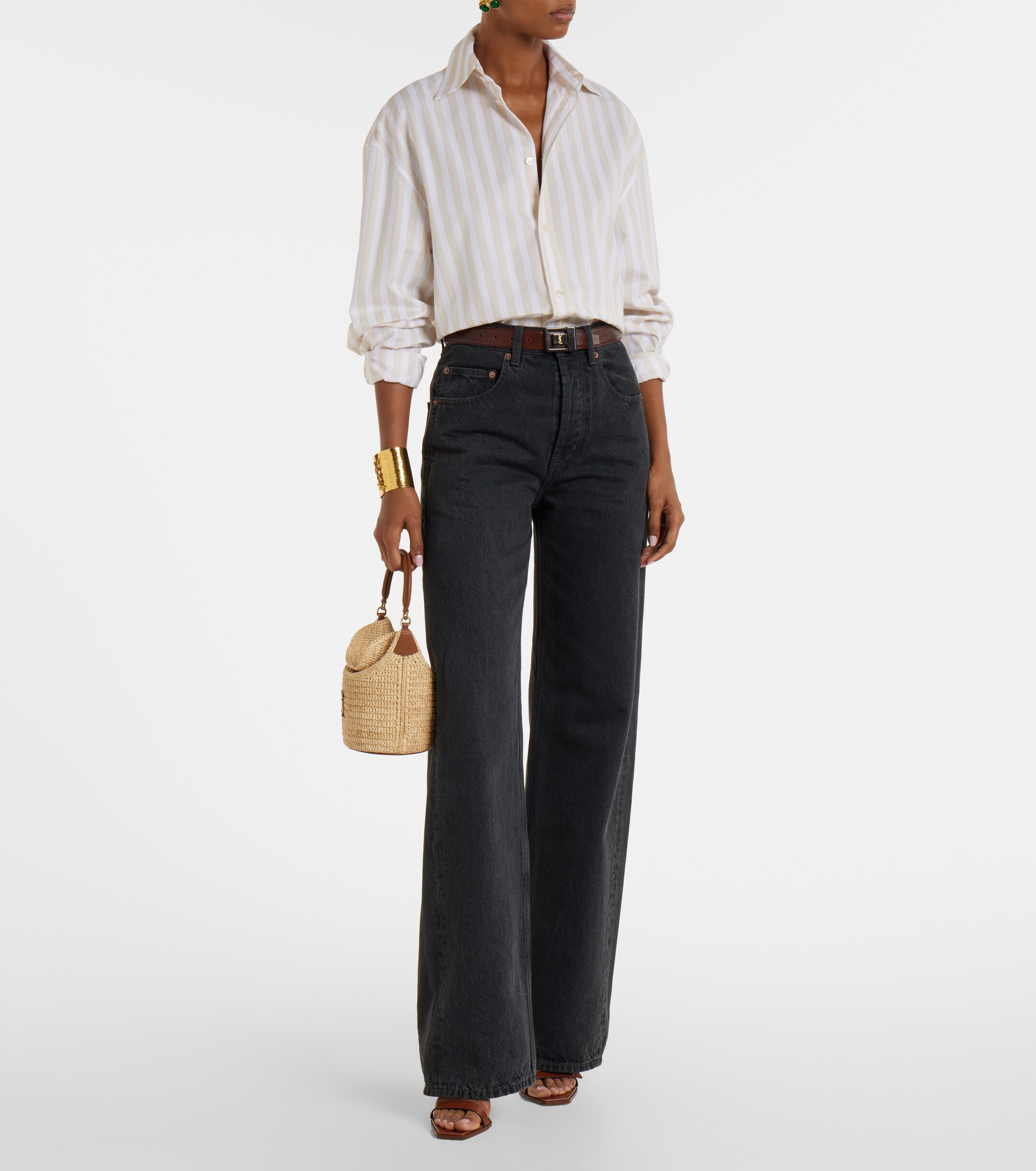 Saint Laurent Gaby leather-trimmed raffia bucket bag