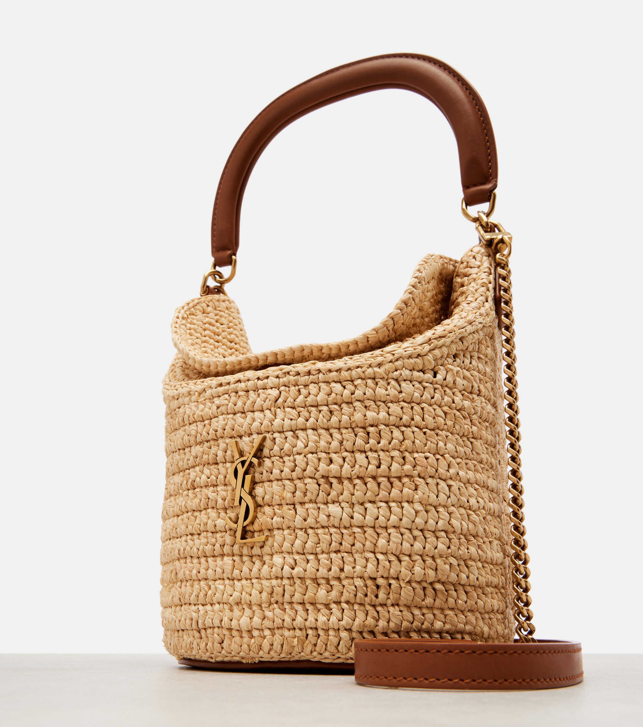 Saint Laurent Gaby leather-trimmed raffia bucket bag