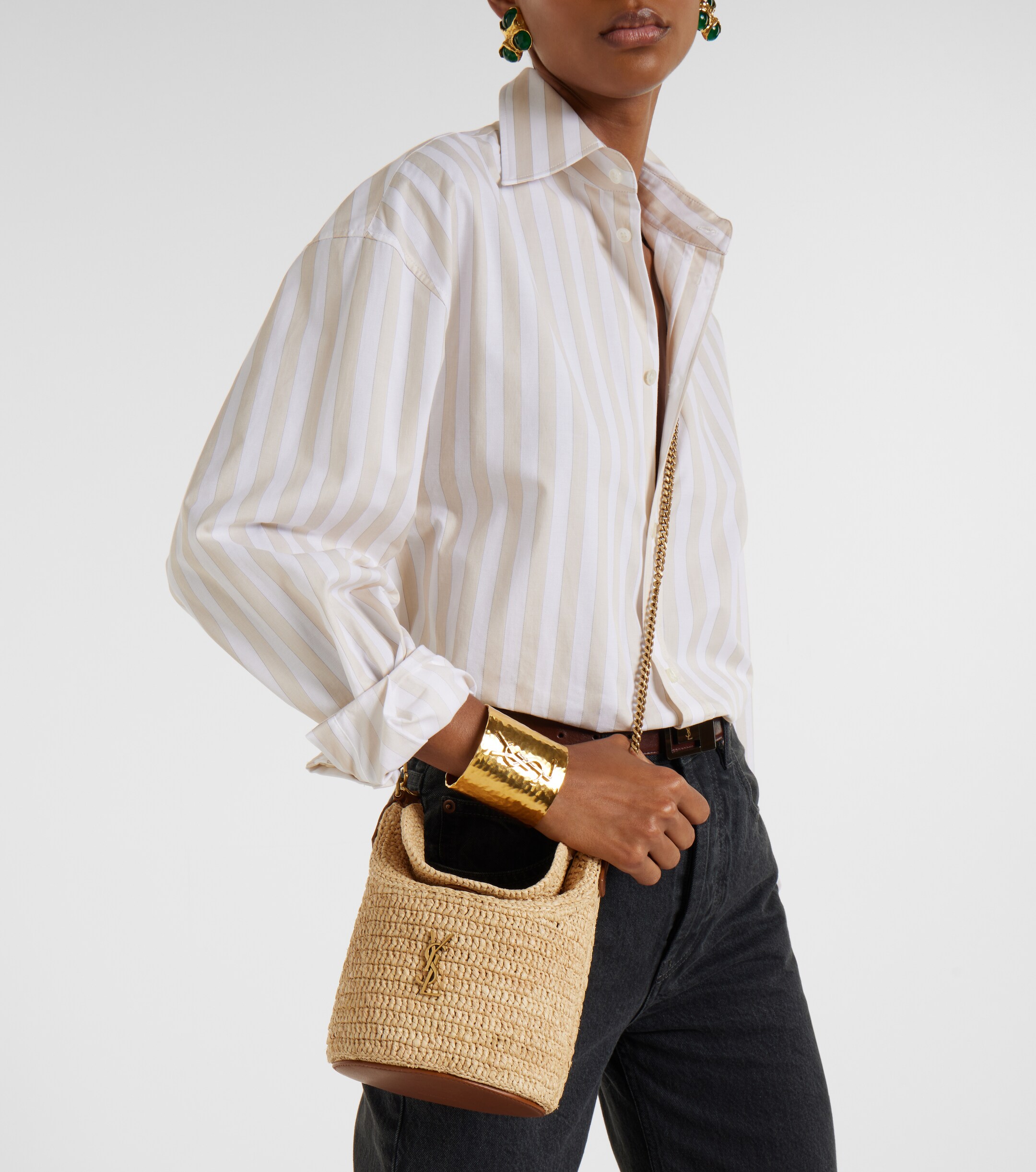 Saint Laurent Gaby leather-trimmed raffia bucket bag