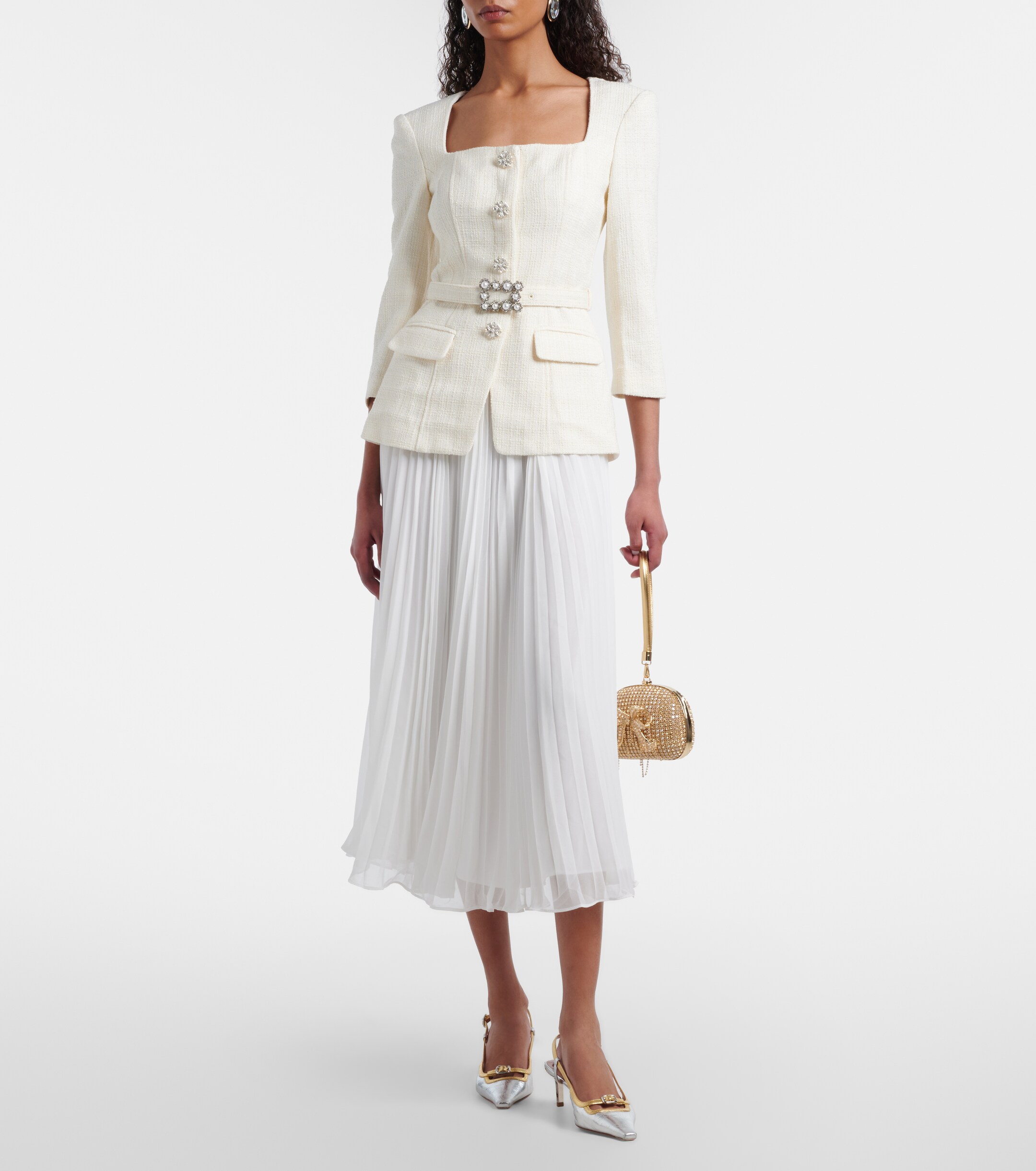 self-portrait belted cloqué and pleated chiffon midi dress Chiffon Self Portrait The Outnet SELF-PORTRAIT Belted Cloqué And Pleated  Chiffon Midi Dress Endource