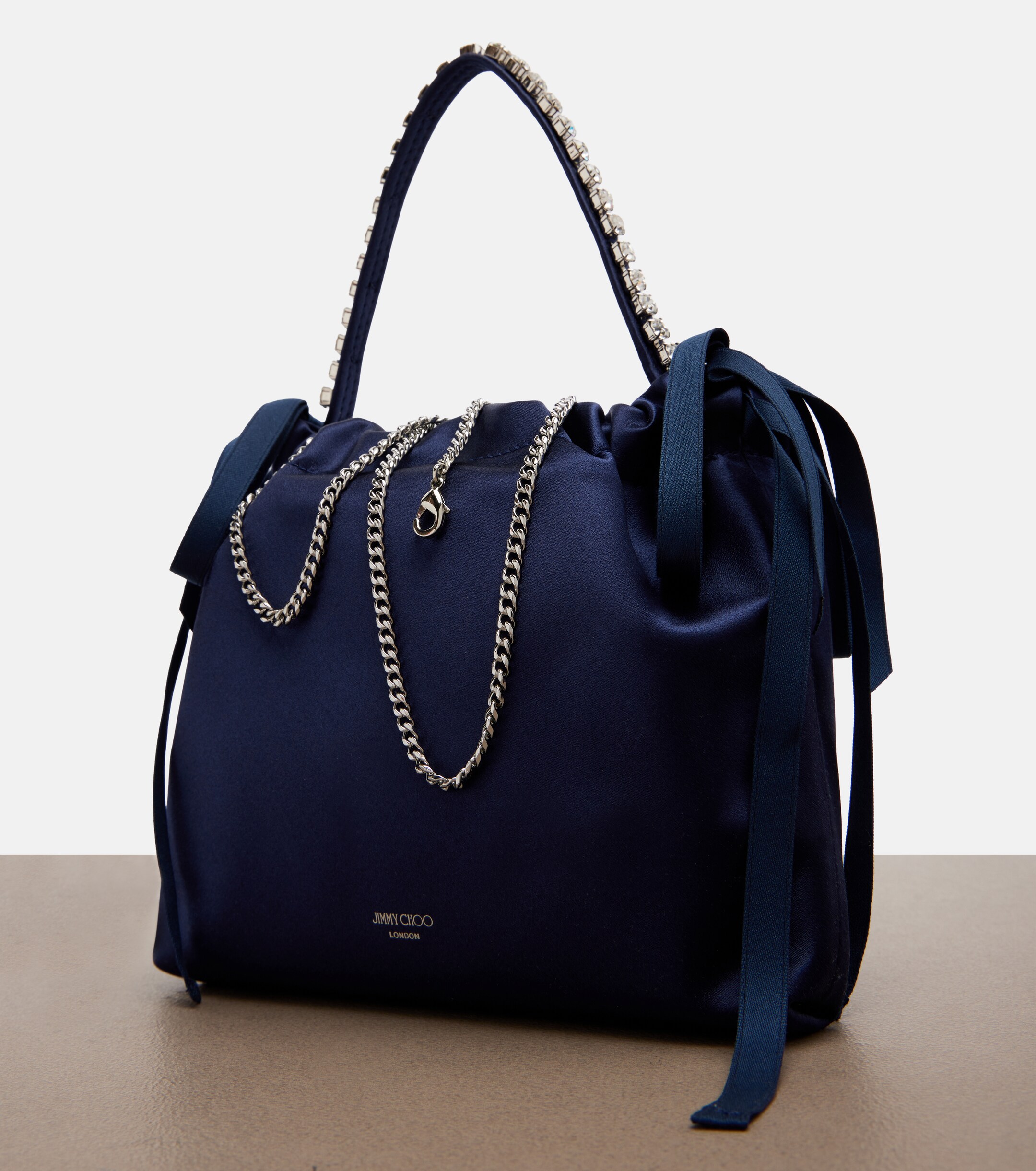 JIMMY CHOO Drawstring Mini embellished satin top-handle bag